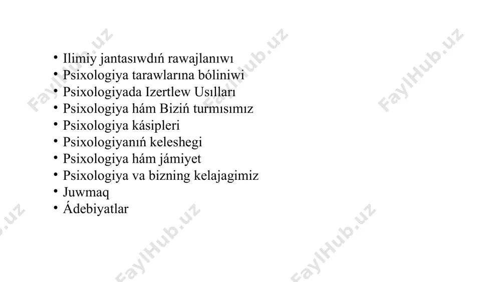 orlarǵa itibar qaratıldı, yaǵnıy insan minez-qulqınıń qorshaǵan ortalıq tásirine qalay baylanıslı ekenligin úyreniwge itibar qaratıladı. 3 psixologiya tarawlarına bóliniwi kognitiv psixologiya kognitiv psixologiya aqılıy proceslerdi, máselen, yad, diqqat, til, mashqala sheshiw hám qarar qabil etiwdi úyrenedi. bul taraw insannıń aqılıy qábiletlerin hám olar qalay etip dúnya haqqındaǵı bilimlerdi qabıl etiwi hám qayta islewi haqqında tereń túsinik beredi. sociallıq psixologiya sociallıq psixologiya adamlar arasındaǵı qatnasıqlardı, topar háreketlerin, sociallıq tásirlerdi, qarar qabıl etiw proceslerin hám sociallıq stereotiplerdi úyrenedi. bul taraw adamlardıń sociallıq ortalıqta ózin qanday tutıwın túsiniwge járdem beredi. rawajlanıw psixologiyasi rawajlanıw psixologiyası insannıń ómiri dawamında, tuwılıwdan qartayǵanǵa shekemgi rawajlanıw basqıshların úyrenedi. bul taraw insannıń fizikalıq, aqılıy, sociallıq hám emocional rawajlanıwın úyrenip, balalıqtan qartayǵanǵa shekemgi dáwirde júz beretuǵın ózgerislerdi túsindiriwge háreket etedi. 4 psixologiyada izertlew usılları 1 eksperimentler psixologiyada izertlew ótkeriwde en keń tarqalgan usıllardan biri bul eksperimentler. eksperimentlerde alımlar ózgeriwshilerdi qadagalap, gárezsiz hám baylanıslı ózgeriwshiler arasındaǵı qatnaslardı úyrenedi. 2 sorawlar sorawlar …