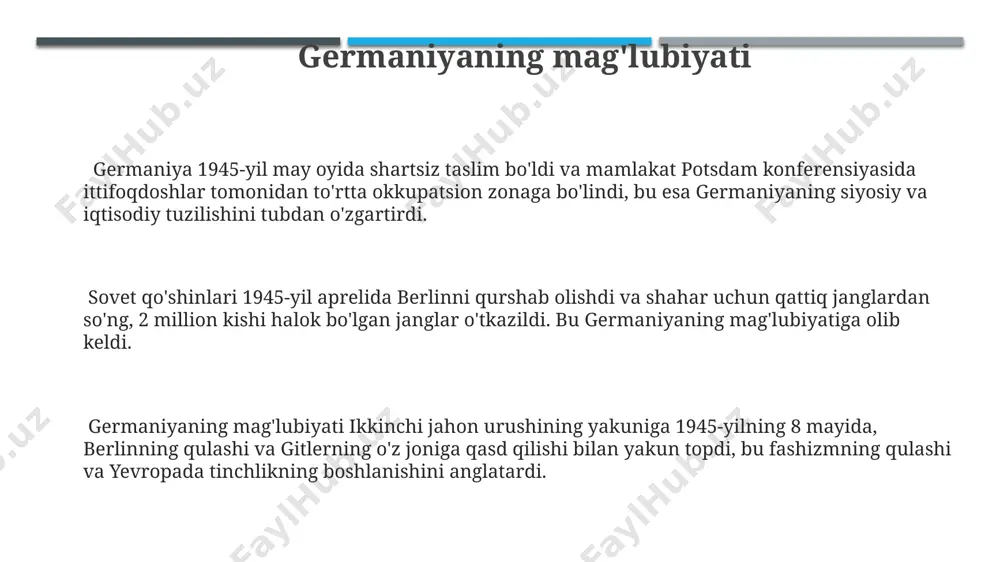 ar faol ishtirok etdilar, bu esa tashkilotning dastlabki tuzilmasiga katta ta'sir ko'rsatdi. bmtning bosh assambleyasi, xavfsizlik kengashi va iqtisodiy va ijtimoiy kengashi kabi asosiy organlari 1945 yilning oxiriga kelib tashkil etilgan bo'lib, ularning har biri ma'lum funksiyalarni bajarish uchun 193 a'zo davlatga ega. inson qurbonlari yaponiyada hirosima va nagasaki shaharlariga atom bombalari tashlanishi natijasida yuz minglab odamlar halok bo'ldi, bu ikkinchi jahon urushi davridagi inson qurbonlarining og'ir namunasi hisoblanadi. ikkinchi jahon urushi tugashi bilan 70 milliondan ortiq odam, jumladan, 20 milliondan ziyod sovet fuqarolari halok bo'ldi, bu esa butun dunyo bo'ylab katta insoniy qurbonlarga olib keldi. yevropada, xususan, germaniya, polsha va sovet ittifoqida 40 millionga yaqin tinch aholining o'limi ikkinchi jahon urushining dahshatli insoniy qurbonlari sifatida qayd etilgan. yevropadagi urushning tugashi qizil armiya berlinni egallab olgandan so'ng, 1945 yil iyul oyida potsdam konferensiyasi yevropaning keyingi taqdiri va germaniyaning bo'linishi haqida muhim qarorlar qabul qildi, shu jumladan germaniyaning to'rt ittifoqdosh kuchlar …