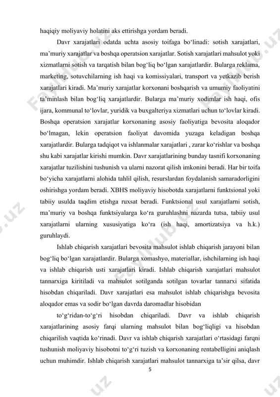 isobidan to‘g‘ridan-to‘g‘ri hisobdan chiqariladi. davr va ishlab chiqarish xarajatlarining asosiy farqi ularning mahsulot bilan bog‘liqligi va hisobdan chiqarilish vaqtida ko‘rinadi. davr va ishlab chiqarish xarajatlari o‘rtasidagi farqni tushunish moliyaviy hisobotni to‘g‘ri tuzish va korxonaning rentabelligini aniqlash uchun muhimdir. ishlab chiqarish xarajatlari mahsulot tannarxiga ta’sir qilsa, davr xarajatlari korxonaning umumiy operatsion xarajatlarini aks ettiradi. xbhs (ias 2) inventarlarning tannarxini aniqlash bo‘yicha ko‘rsatmalar beradi va unga xarid xarajatlari, konversiya xarajatlari (to‘g‘ridan-to‘g‘ri ish haqi va ishlab chiqarish usti xarajatlari) va inventarlarni hozirgi joylashuviga va holatiga keltirish uchun qilingan boshqa xarajatlar kiradi. davr xarajatlari esa ushbu ta’rifga kirmaydi. davr xarajatlari daromadlar to‘g‘risidagi hisobotda aks etib, korxonaning yalpi foydasi va operatsion foydasini aniqlashda muhim rol o‘ynaydi. davr xarajatlarining hajmi va dinamikasini tahlil qilish korxonaning xarajatlarni boshqarish samaradorligini baholashga yordam beradi. davr xarajatlarini tahlil qilish korxonaning moliyaviy sog‘lig‘i va operatsion samaradorligini baholash uchun muhimdir. davr xarajatlarining tahlili korxonaning rentabelligiga ta’sir etuvchi omillarni aniqlashga yordam beradi. xususan, …
