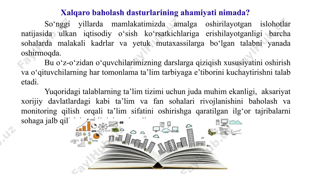 savodxonligi *tabiiy-ilmiy savodxonlik *matematik savodxonlik moliyaviy savodxonlik 2017-2018 o‘quv yili ta’lim sifati monitoring jarayonida xalqaro baholash dasturlaridan foydalangan holda umumta’lim fanlari bo‘yicha kompetensiyaviy yondashuvga asoslangan o‘quv topshiriqlari ishlab chiqildi. xalqaro baholash dasturlari tadqiqotlariga tayyorgarlik ko‘rish yuzasidan kelgusi vazifalar o’qish (ona tili), matematika va tabiiy fanlarni (fizika, kimyo, biologiya, geografiya) o‘qitishda zamonaviy pedagogik texnologiyalar, interaktiv metodlardan samarali foydalanish tabiiy fanlarni (fizika, kimyo, biologiya, geografiya) o‘qitish jarayonida fanlararo integratsiyani kuchaytirish, fanni turli sohalarga va hayotiy jarayonlarga bog’lab o’qitish fizika, kimyo va biologiya fanlaridan amaliy mashg‘ulotlarni (laboratoriya, masalalar yechish) yanada samarali tashkil etish sinfdan tashqari fan to‘garaklarida o‘quvchilarning kognitivlik va kreativlik xususiyatlarini rivojlantirishga yo’naltirilgan mavzularda mashg‘ulotlar olib borish xalqaro baholash dasturlari tadqiqotlariga tayyorgarlik ko‘rish yuzasidan kelgusi vazifalar aniq, tabiiy va filologiya yo‘nalishdagi tayanch maktablari seminarlarida xalqaro baholash dasturlari, ularda foydalanadigan topshiriqlar bo‘yicha mashg‘ulotlar olib borish o‘quvchilarning kognitivlik va kreativlik xususiyatlarini aniqlashga yo’naltirilgan o‘quv topshiriqlarini yaratish va joriy, oraliq, yakuniy nazoratlarda muntazam ravishda qo‘llash …