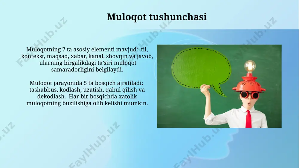ellarini o'z ichiga oladi, kommunikatsiyaning maqsadini aniqlashni ta'minlaydi. muloqot samaradorligini oshirish muloqotning 7 +/- 2 qoidasiga amal qilish, ma'lumotni qisqa, tushunarli holda yetkazish imkonini beradi, shuningdek, esda saqlashni yaxshilaydi. muloqot samaradorligini oshirishda, faol tinglash ko'nikmalarini rivojlantirish 30% ga kommunikativ kompetensiyani yaxshilaydi, bu esa o'zaro tushunishni kuchaytiradi. zamonaviy ta'limda muloqotning roli zamonaviy ta'limda o'quvchilarning kommunikativ kompetensiyasini rivojlantirish uchun kamida 3 ta asosiy o'quv strategiyasi (masalan, loyihalar, rollar o'yini, muhokamadlar) qo'llanilishi kerak. interfaol ta'lim uslublari, masalan, guruhlarda ishlash va o'zaro fikr almashish, o'quvchilarning kommunikativ ko'nikmalarini 2-3 baravar tezroq rivojlanishiga yordam beradi. muloqotning turlari va shakllari muloqotning og'zaki (og'zaki nutq, telefon orqali suhbatlar) va yozma (xatlar, elektron pochta, ijtimoiy tarmoqlar orqali xabarlar) kabi 2 ta asosiy turi mavjud bo'lib, ularning har biri o'ziga xos xususiyatlarga ega. muloqotning 3 ta asosiy shakli – individual (shaxsiy), guruhli (jamoaviy) va ommaviy (ommaviy axborot vositalari orqali) – har xil kontekst va maqsadlarga mos keladi. kommunikativ kompetensiya tushunchasi …