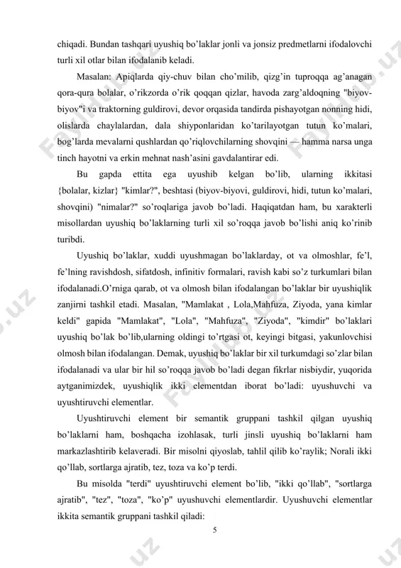 ham markazlashtirib kelaveradi. bir misolni qiyoslab, tahlil qilib ko’raylik; norali ikki qo’llab, sortlarga ajratib, tez, toza va ko’p terdi. bu misolda "terdi" uyushtiruvchi element bo’lib, "ikki qo’llab", "sortlarga ajratib", "tez", "toza", "ko’p" uyushuvchi elementlardir. uyushuvchi elementlar ikkita semantik gruppani tashkil qiladi: 1. kki qo’llab, sortlarga ajratib, tez, toza — ravish hollari; 2. ko’p — miqdor holi. mana shu turli jinslardan iborat hollar bir uyushiqlik zanjirini tashkil qiladi. to’ldiruvchi va holning umumiy tomonlari bor: a) ikkalasi ham kesim sostaviga kiradi, ya’ni kesim bilan sintaktik aloqaga kirib, unga ergashadi; b) grammatik ko’rsatkichlari deyarli bir xil; v) ifodalanish materiali jihatidan ham yaqinligi bor. ana shuning uchun bo’lsa kerak, to’ldiruvchi bilan hol ba’zan bir uyushiqlik zanjirini tashkil qiladi: ashulani mana shunday joyda aytsang! ovoziig hamma-hamma joyga, hamma odamlarga, osmonlarga. yulduzlarga etib borsin. bu misolda "etib borsin" — uyushtiruvchi element, "hamma— hamma joyga", "hamma odamlarga", "osmonlarga", "yulduzlarga" uyushuvchi elementlardir. uyushuvchi elementlar — gapning ikki xildagi …
