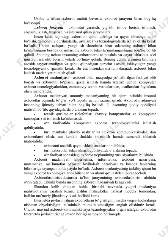 gilar kiradi: -aloqa. -axborot, masalan ma’lumotlar, bilimlar, dasturiy ta’minotlar. hozirgi kunda axborot bozorida quyidagi tipdagi axborotlar mavjud: ishbilarmonlik axborot , ya’ni birja axborotlari, moliyaviy, siyosat va xo‘jalik axborotlari (qimmatbaho qog‘ozlar narxi, valyutalarning kurslari va boshqalar), statistik axborotlar (ijtimoiy, demografik, ekologik va boshqalar), tijorat axborotlari (korxonalar, mahsulotlar, narxlar va boshqalar bo‘yicha). professional axborot – yuristlar, vrachlar va boshqalar uchun mo‘ljallangan maxsus ma’lumotlar, ilmiy-texnik axborotlar. iste’mol axborot – yangiliklar, adabiyotlar, kompyuter o‘yinlari, videofilmlar va audio mahsulotlar. ta’lim xizmatlari – elektron darsliklar, uslubiy ko‘rsatmalar va boshqalar. axborot tizimlari va vositalarini ta’minlovchi – dasturiy mahsulotlar, texnik vositalar, axborot tizimlari va texnologiyalari ishlab chiqish va ularga xizmat qilish, ma’lumotlar bazasini ishlab chiqish va boshqalar. xordiq chiqarish – dam va rohat olish uchun ijodiy mutaxassislar tomonidan ishlab chiqilgan axborot mahsuloti. axborot mahsulot va xizmatiga misol qilib quyidagilarni keltirish mumkin: kutiladigan funksiyasi mahsulot turi xizmat ko‘rsatish kompyuter xizmatlari shaxsiy kompyuter mashina vaqtini taqsimlash bibliografiya doimiy ma’lumotlarni saqlash …