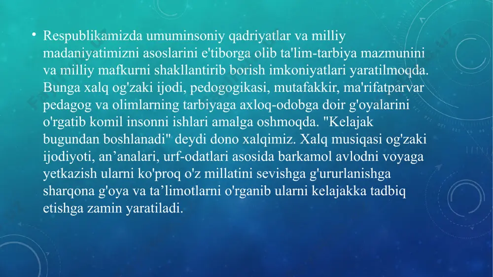 sh avlod ruhiga his-hayajonli ta’sir ko'rsatadigan ularda mardlik, jasurlikni, tashabbuskorlikni tarbiyalaydigan mustahkam milliy tarbiya tizimi tarkib topadi. umumta'lim maktablarida o'quvchilar musiqa madaniyati, tarixi, urf-odatlari, an'analari bilan yaqindan tanishadilar. vatanparvarlik tarbiyasining dolzarbligi xalqaro vaziyatning hafsizligi, uning mudofa quvvati, qurolli kuchlarni mustahkamligi, milliy birdamlik, ahillik hamdardlik kabi ma'naviy omillar bilan belgilanadi. vatanparvarlik deganda, ona zaminga bo'lgan muhabbat, uni sevish, ardoqlash va uning ravnaqi uchun g'amxo'rlik qilish tushuniladi. vatanparvarlik jamiyatimizdagi barcha insonlarni, millat va elatlarni birlashtiruvchi muhim omil ekanligi hammamizga ma’lum. vatanparvarlik deganda - vatanga sadoqat, unga xizmat qilish, yurt tinchligini asrash, vatan ravnaqi uchun o'z hissasini qo'shish, milliy qadriyatlarni asrash va rivojlantirish demakdir. "vatan" arabcha so'zdan olingan bo'lib, “ona yurt" degan ma’noni anglatadi. vatan insonning kindik qoni to'kilgan, ajdodlarimiz tug'ilib o'sgan joyga hurmat, yurt tinchligini asrash va unga xizmat qilish kabi fazilatlar tushuniladi. vatanparvarlik g'oyalarini o'quvchilarimiz ongida tarkib toptirish, oila, bog'cha, maktabdan boshlanadi. bu jarayon bobolar o'giti, onalar mehri, otalar ibrati, ustozlar …