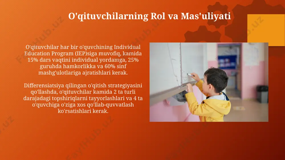 amga muhtoj bolalar turli xil nogironlik turlariga, jumladan, 15% dan ortiq intellektual nogironlikka, 10% atrofida esa autizm spektr buzilishlariga ega boʻlishlari mumkin. muvaffaqiyatli inklyuziv ta'lim misollari aqliy nogironligi boʻlgan 10 oʻquvchidan iborat sinfda, oʻzaro ta'lim va qoʻllab-quvvatlovchi texnologiyalar (masalan, interfaol doskalar) qoʻllanishi natijasida, oʻquvchilarning mustaqil ishlash koʻnikmalari 20% ga oʻsgan. oʻzbekistondagi 5 ta maktabda amalga oshirilgan loyihada, autizm spektri buzilishiga ega 30 nafar bolaga ixtisoslashgan oʻqituvchilar tomonidan qoʻllab-quvvatlash xizmati koʻrsatilishi natijasida oʻqishdagi yutuqlar 15% ga oshgan. mumkin bo'lgan qiyinchiliklar va yechimlar bolalarning 15% i o'qish qobiliyatining pastligi bilan kurashsa, individual ta'lim rejalari (itr) va differensial ta'lim uslublarini qo'llash zarur. maktab infratuzilmasining 20% dan kamrog'i nogiron bolalar uchun moslashtirilgan bo'lsa, rampalar, liftlar va moslashtirilgan sanitariya-gigiena xonalarini o'rnatish kabi fizikiy o'zgarishlar kerak. kelajak rejalari va tavsiyalar kamida 3000 nafar o’qituvchini inklyuziv ta’lim metodlari bo’yicha qayta tayyorlash dasturi amalga oshiriladi. maxsus yordamga muhtoj bolalar uchun individual ta’lim rejalari (itr) sonini 2024 yilda 15% …