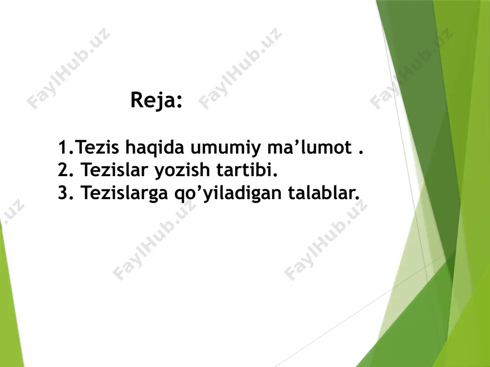 lashtirishdir ish(ilmiy maqola, kurs ishi yoki ish, dissertatsiyalar va boshqalar). qoida sifatida, tezislar konferentsiyalar yoki simpoziumlarda taqdimotlar, shuningdek, ilmiy nashrlar uchun. har bir loyihaning o'z umri bo'ladi. turli adabiyotlarda bunday davrlar turlicha ataladi, lekin umuman olganda har bir loyihaning umri 4 bosqichga bo'linadi. ular: boshlanish; rejalashtirish; ijro etish; yakunlash. asosiy qism. kurs ishining asosiy qismi mavzuni har tomonlama batafsil ochib berishni o'z ichiga olgan eng katta qismdir. barcha ma'lumotlar aniq va aniq tuzilishga ega bo'lishi kerak. bir paragraf boshqasining davomi bo'lishi kerak.paragraflarga bo'lingan bir nechta boblarni o'z ichiga olishi mumkin. odatda nazariya va amaliyotdan iborat. hajmi jihatidan 24 sahifagacha bo'lishi mumkin. ushbu bo'limda mavzu bo'yicha barcha ma'lumotlarni qisqa va izchil taqdim etish, shaxsiy fikringizni bildirish va haqiqiy misollar va dalillarni keltirish muhimdir. xulosa. ushbu bo'lim natijalarni umumlashtirishga bag'ishlangan bo'lib, unda masalani o'rganishning to'liqligi, farazlar isboti va ishlanmalarni qo'llash istiqbollari aks etishi mumkin. bu bo'limda barcha natijalar umumlashtiriladi. unda barcha xulosalar, …