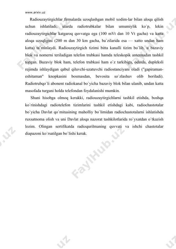nt radioterminali yanada ixchamroq bo`ldi (katta bo`lmagan chemodancha, «keys» va sh.o`.). radiosignal quvvatini yanada orttirish va abonentlik radioterminallari o`lchamlarini kamaytirish imkoniyati yo`ldoshretranslyatorlarni abonentlarga yaqinlashtirish yo`li bilan, ya`ni ularni geostacionar orbitadan yanada pastroq leo (low earth orbit) va meo (mean earth orbit) orbitalariga o`tkazish bilan ta`minlanadi, bunda o`shancha territoriyani qamrab olish uchun katta miqdordagi yt ishlatishga tug`ri keladi. shyrs ni uyali telefon tizimlari bilan ma`lum bir o`xshashligi bor — yr ning ko`p nurli antennalari er sirtining ko`rinish zonasini xizmat ko`rsatish zonasi uyali (makrouyali) strukturasini shakllantiradi. past orbitalar yo`ldoshli aloqa tizimini tashkil еtish uchun asos sifatida oldinroq ko`rib chiqilgan еdi, lekin ulardan foydalanish ushbu fikrga ko`ra to`xtab qolgan: yo`ldosh-retranslyator uzoq va uzluksiz ko`rinib turishi, yana ham yaxshisi kuzatuvchi uchun bor-yo`g`i qo`zg`almas bo`lishi kerak (ya`ni geostacionar orbitada joylashishi kerak). va faqat so`nggi yillarda bir qator yo`ldoshli aloqa tizimlari paydo bo`ldiki, ular past orbitalar va yanada ixchamroq abonentlik radioterminallari, xatto dastaki mikroradiotelefon trubkalaridan foydalanadi. …
