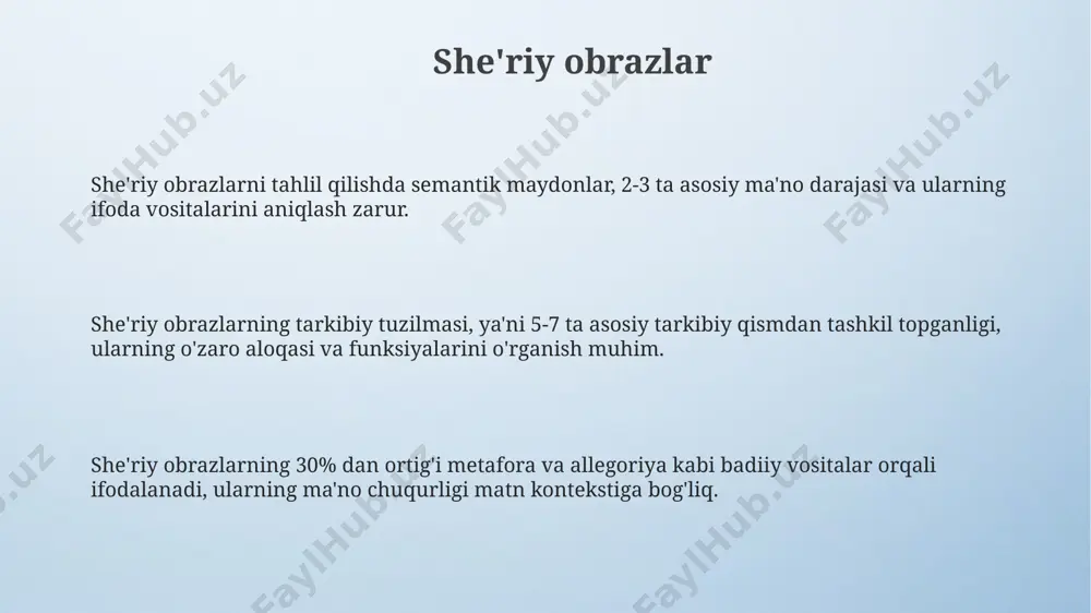 lchovli she'rlarning (polimetriya) va erkin o'lchovli (versifikatsiya bo'lmagan) asarlarning ko'payishi kuzatilmoqda, bu an'anaviy formalardan chekinishni bildiradi. 21-asr she'riyatida metafora va allegoriyalar kabi badiiy vositalarning intensiv ishlatilishi, shuningdek, intertekstual aloqalar sonining ortishi seziladi. she'riyatda vizuallikning o'rni o'smoqda – tipografik tajribalar, konkordanlar va 10 dan ortiq satrdan iborat murakkab kompozitsiyalar keng tarqalmoqda. metafora va metonimiya metafora obrazlilikni kuchaytiradi va taqqoslash orqali 2 ta ob’ekt o’rtasidagi yashirin bog’lanishni ochib beradi, metonimiya esa ma’lumotni ixcham va ramziy ifodalashga xizmat qiladi. metonimiyaning 5 ta asosiy turi mavjud: qismning butun o'rnida qo'llanishi, sababning oqibat o'rnida, vositaning ta’sir etuvchi o'rnida, muallifning asari o'rnida, joyning aholi o'rnida qo'llanishi. metafora va metonimiya – ikki xil majoziy ma’no ifodalash usuli bo’lib, metafora 2 ta ob’ektning o’xshashligi asosida, metonimiya esa ularning yaqinligi, aloqadorligi asosida quriladi. she'r tuzilmasi she'r tuzilmasi 2 yoki undan ortiq qofiyalarni birlashtirib, qofiya sxemasi (masalan, aabb, abab) orqali she'rning musiqiyligiga ta'sir qiladi. she'r tuzilmasida 11-bo'g'inli misralarni uchratish mumkin, …