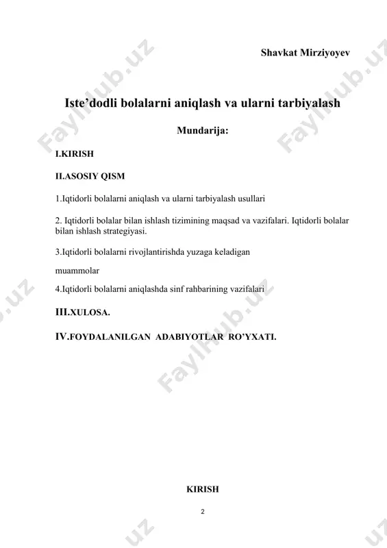 tan statistik statistika mavjud - indam eng yaxshi holat ularning soni 2-3% dan oshmaydi.shuning uchun iqtidorli bolalarni aniqlash to’gri tarbiyalash va yo’naltirish kelajakda yetuk kadr wqilib tarbiyalash hozirgi kunda dolzarb muommolardan biri. kurs ishining maqsadi: iqtidorli bolalar bilan ishlash tizimini shakllantirish: iqtidor belgilari bo'lgan bolalarni aniqlash, rivojlantirish va qo'llab-quvvatlash uchun sharoit yaratish kurs ishining obyekti: iqtidorli bolalarni tanlay olish, ular bilan ishlashni to’g’ri rejalashtirish kurs ishining predmeti:iqtidorli bolalarni aniqlash va tarbiyalash mazmuni, usullari ,talab va muommolari. kurs ishining vazifalari: 1.mavzuga oid manbalarni tahlil qilish va umumlashtirish. 2.maktabda iqtidorli bolalarni pedagogik-psixologik jihatlarini aniqlash va yo’lga qo’yish. 3.iqtidorli bolalar va oddiy bolalar orasidagi mavjud farqli holatlarni holatini o‘rganish. 4. yurtimizga iqtidorli bolalar qanchalik kerak ekanligini nomayon qilish ularni aniqlashning yangi va qulay usullarini tadbiq etish . kurs ishining tarkibiy tuzilishi va hajmi: kirish, to’rtta paragraf, xulosa, foydalanilgan adabiyotlar ro’yxatidan iborat. zamonaviy dunyoda o'qituvchilar haqiqatan ham iqtidorli bolani aniqlab olish qiyin, chunki buning …