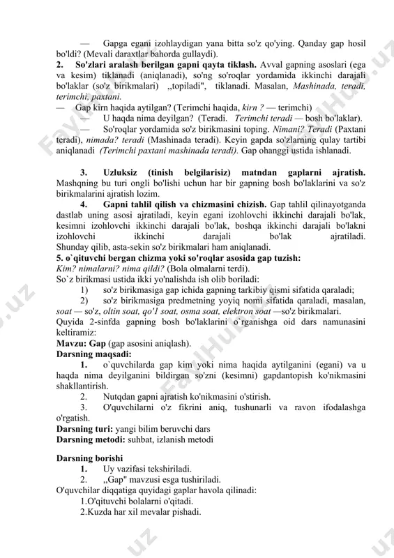 irish uchun bosh va ikkinchi darajali bo'laklarning mohiyati ochiladi: bosh bo'laklar gapning grammatik asosini tashkil qiladi, fikr, asosan, gapning grammatik asosi orqali ifodalanadi; ikkinchi darajali bo'laklar esa bosh bo'laklarni aniqlovchilik va to'ldiruvchilik vazifasini balaradi. ikkinchi darajali bo'laklarning mohiyatini ochish uchun o'quvchilar gapni tahlil qiladilar va ular qaysi gap bo'lagiga bog'lanib, uni izohlab kelayotganini aniqlaydilar. ikkinchi darajali bo'laklarning xususiyatlari gapni yoyish (yig'iq gapni yoyiq gapga aylantirish) оarayonida yaqqol ko'rinadi. masalan, o'quvchilar ,,qaldirg'ochlar uchib keldi" gapini yozadilar. fikrni to'liq ifodalash uchun gapga qayerga? va qachon? so'roqlariga javob bo'lgan so'zlarni qo'yish topshiriladi. o'quvchilar bu vazifani balarib, qaysi gap bo'lagi (ikkinchi darajali bo'lak) fikrni yana aniqroq ifodalaganiga ishonch hosil qiladilar. o'quvchilarda gapda so'zlarning bog'lanishini aniqlashko'nikmasini shakllantirish muhim sintaktik va nutqiy ko'nikmalar qatoriga kiradi. so'z birikmasi gap qismi sifatida ajratiladi va boshlang'ich sinflarda uning muhim belgilari idrok qilinadi. ,,so'z birikmasi" atamasi darsliklarga kiritilmagan, ta'rifi berilmaydi. ammo kichik yoshdagi o'quvchilar uning quyidagi muhim belgilarini amaliy bilib …