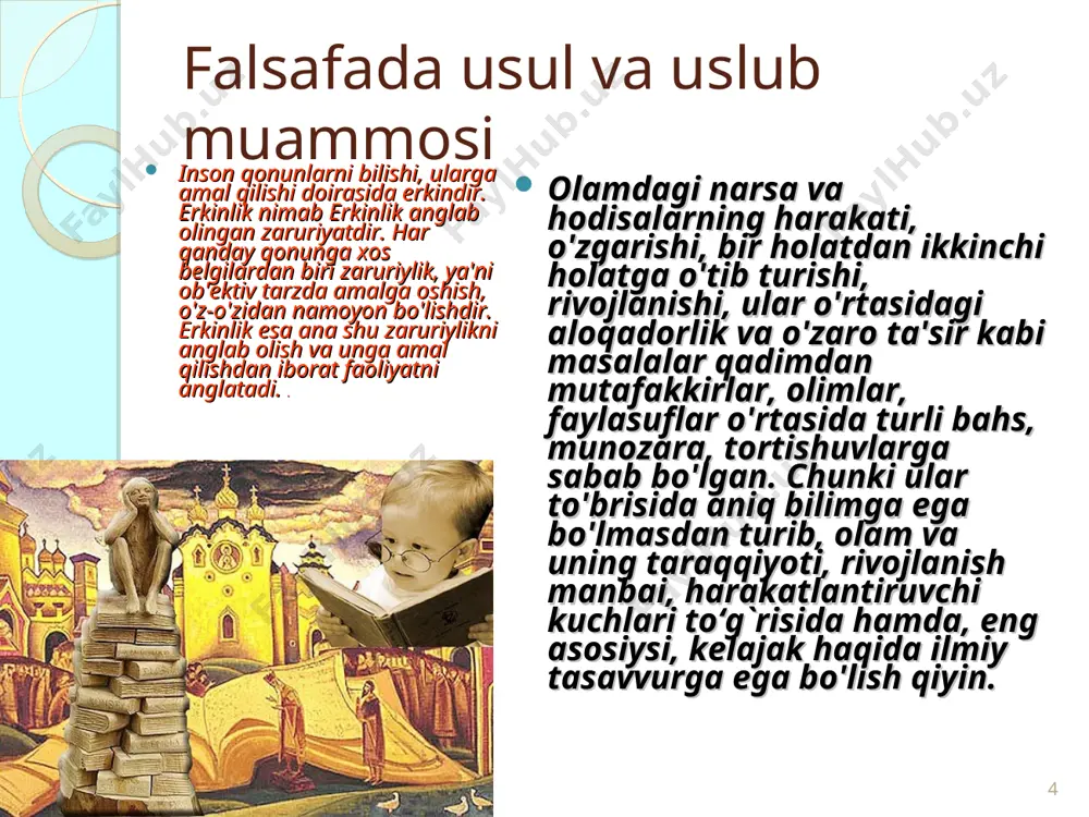 gi makon-zamon munosabatlarini konkret tarzda namoyon qiladi. umumiylik – olamdagi alohida, individual tarzda namoyon bo’layotgan narsa – hodisalarning turfa, xilma-xil umumlashtiruvchi xossa hamda xususiyatlarning mushtaraklashgan holda namoyon bo’lishidir. alohidalik va umumiylik o’rtasidagi bog’lanish, aloqadorlik va munosabat «xususiylik» kategoriyasi orqali ifodalanadi. birinchidan, bu kategoriyalarning mazmuni olamning birligi, ularning mantiqiy ifodasi konkretlik bo’lib hisoblanadi. ikkinchidan, «alohidalik», «xususiylik», «umumiylik» narsa va hodisalarning makon-zamon konkretligini ifodalaydigan, nisbatan mustaqil mantiqiy tushunchalar tarzidagina namoyon bo’lishi mumkin. zero, ularning nisbatan mustaqilligi, ichki birligining namoyon bo’lish shaklidir. www.arxiv.uz www.arxiv.uz sistema, struktura, element. bular falsafaning muhim kategoriyalaridan bo’lib hisoblanadi. sistema – grekcha so’z bo’lib, mantiqiy ma’nosi butunlik, yaxlitlik, elementlardan tashkil topgan birikma, degan ma’nolarni anglatadi. www.arxiv.uz www.arxiv.uz sistema kategoriyasining mazmuni, uni tashkil qilgan elementlarning strukturaviy munosabatlariga mos keladi. shu nuqtai nazardan, bilish jarayonidagi sistemalashtirish, nazariy faoliyat sifatida, ularning tashkil qilingan tarkibiy elementlarini tarixiy-mantiqiy izchil tartibga keltirish bilan izohlanadi. xususan, bu elementlarning funktsional faoliyatini, ahamiyatiga ko’ra turkumlashtirish, muhim metodologik ahamiyatga …