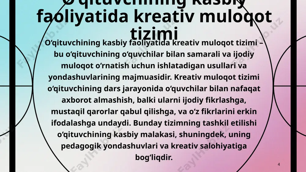 ayonining markaziy qismini tashkil etadi. bu muloqot o‘quvchilarning o‘z fikrlarini erkin ifodalashiga, savollar berishiga va bilimlarni to‘g‘ri tushunishga yordam beradi. 15 ota-onalar bilan muloqot o‘qituvchining ota-onalar bilan samarali muloqoti o‘quvchilarning ta'lim jarayoniga yanada ko‘proq qo‘llab-quvvatlashni ta'minlaydi. kreativ muloqot va ijodiy yondashuvlar kreativ pedagogik muloqot o‘quvchilarni ijodiy va yangicha yondashuvlarni o‘rganishga undash uchun muhimdir. empatik muloqot o‘qituvchining o‘quvchilarga empatiya ko‘rsatishi juda muhimdir. empatik muloqot orqali o‘qituvchi o‘quvchilarning ruhiy holatini tushunishga harakat qiladi va ularga yordam beradi. multikultural pedagogik muloqot turli madaniyat va tillarda muloqot o‘rnatish, ko‘p madaniyatli dars muhitini yaratish ham pedagogik muloqotning muhim yo‘nalishlaridan biridir. bu o‘quvchilarga xilma-xil madaniyatlarni o‘rganish va bir-birini hurmat qilishni o‘rgatadi. 16 o‘qituvchining kommunikativ qobiliyatida kreativ, tanqidiy ta’sir o‘tkazish bu o‘qituvchining o‘quvchilarga fikr va mulohazalarini aniq, samimiy va ta'sirchan tarzda etkazish, shuningdek, ularni tanqidiy fikrlashga va ijodiy yondashuvlarga yo‘naltirish jarayonidir. o‘qituvchining kommunikativ qobiliyati uning o‘quvchilar bilan qanday o‘zaro munosabatda bo‘lishini, ularni qanday rag‘batlantirish va o‘rgatishni belgilaydi. …