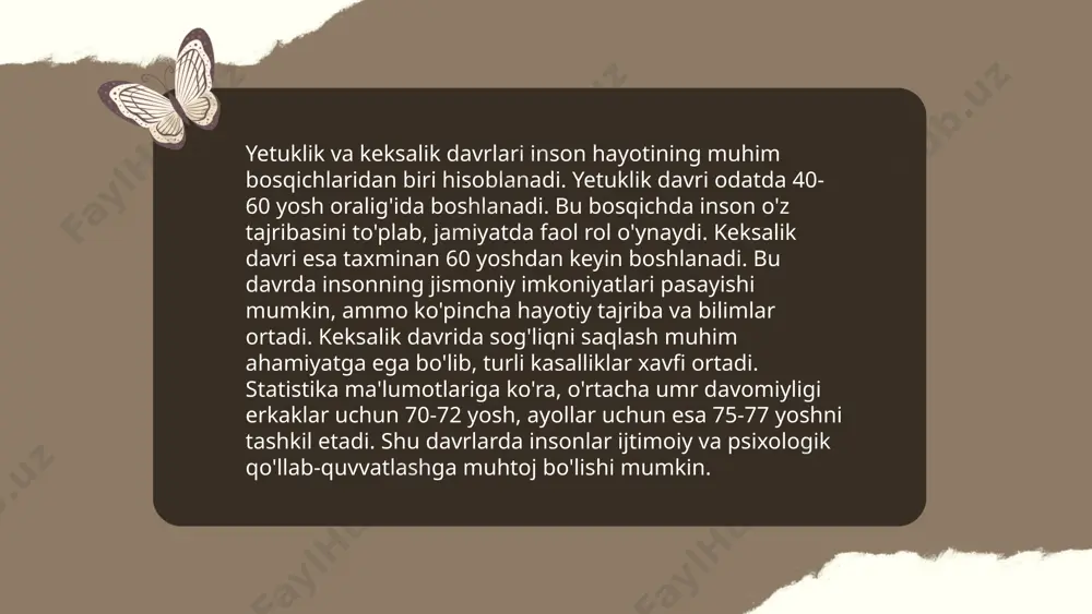 eksalikda ijtimoiy aloqalar qisqarishi mumkin, chunki yoshi kattalarning 30% ga yaqini yolg'izlikdan aziyat chekadi. bundan tashqari, internet va boshqa raqamli texnologiyalar orqali yangi ijtimoiy aloqalar o'rnatishga urinishlar kuchaymoqda. shu bilan birga, bo'sh vaqtning ko'payishi va ijtimoiy faollikning pasayishi keksalikda psixologik va jismoniy sog'liqqa ta'sir qilishi mumkin. ... t.me/slaydai_bot yetuklik davrida stress ko'pchilik uchun keng tarqalgan muammo hisoblanadi. jahon sog‘liqni saqlash tashkiloti ma'lumotlariga ko‘ra, dunyoda 18-29 yoshdagi aholining 30-40 foizi stressga uchraydi. stressning bosh sabablari orasida ta'lim, ish yuki va ijtimoiy bosimlar bor. stressga qarshi kurashish uchun muntazam jismoniy mashqlar qilish tavsiya etiladi, chunki u endorfinlarni ishlab chiqarishni kuchaytiradi va kayfiyatni yaxshilaydi. shuningdek, meditatsiya va yoga kabi usullar stressni kamaytirishda yordam beradi. tadqiqotlarga ko‘ra, uyqu tartibiga ahamiyat berish ham stress darajasini pasaytirishi mumkin. yetuklik davrida sog‘lom ovqatlanishga e'tibor qaratish orqali organizmning stresga bo‘lgan chidamliligi ortadi. yetuklik va keksalik davrining psixologik xususiyatlari no'monova mohinur e'tiboringiz uchun raxmat! image1.png image2.png image3.png /docprops/thumbnail.jpeg