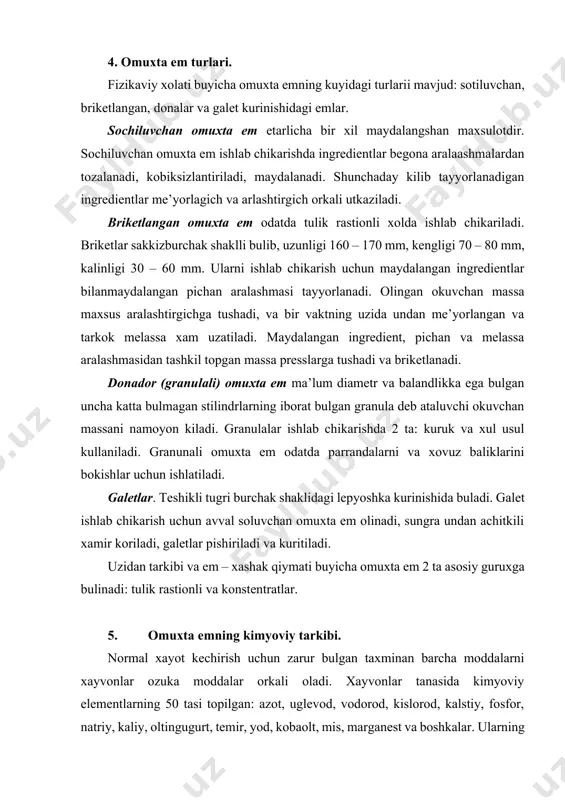 shiriladi va kuritiladi. uzidan tarkibi va em – xashak qiymati buyicha omuxta em 2 ta asosiy guruxga bulinadi: tulik rastionli va konstentratlar. 5. omuxta emning kimyoviy tarkibi. normal xayot kechirish uchun zarur bulgan taxminan barcha moddalarni xayvonlar ozuka moddalar orkali oladi. xayvonlar tanasida kimyoviy elementlarning 50 tasi topilgan: azot, uglevod, vodorod, kislorod, kalstiy, fosfor, natriy, kaliy, oltingugurt, temir, yod, kobaolt, mis, marganest va boshkalar. ularning ogirligi buyicha 95 foizi uglerod, kislorod, vodorod va azotga tugri keladi. usimliklar xam shunga uxshash tarkibga ega. xayvonlar organizmi va usimliklardagi tu turt element turli nisbatlarda bulib, kuplab moddalarni xosil kiladi. bu moddalar guruxlarga jamlangan bulib, ular kuyidagi sxemada keltirilgan.(1 – rasm.). омухта сув курук органик неорганик азотли азот сакламаган окси амидла ёгла углеводл клетчат ноазотли экстракт rasm – 1. omuxta emning kimyoviy tarkibi. 6. emdagi turli tuyimli moddalarning axamiyati. kuruk modda. xayvonlarni normalashtirilgan oziklantirishni tashkil etishda ularning kuruk moddalarga bulgan extiyojini va rastiondagi kuruk …