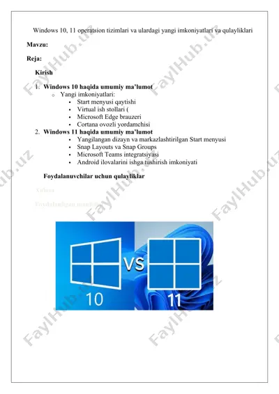 windows 10, 11 operatsion tizimlari va ulardagi yangi imkoniyatlari — DOCX