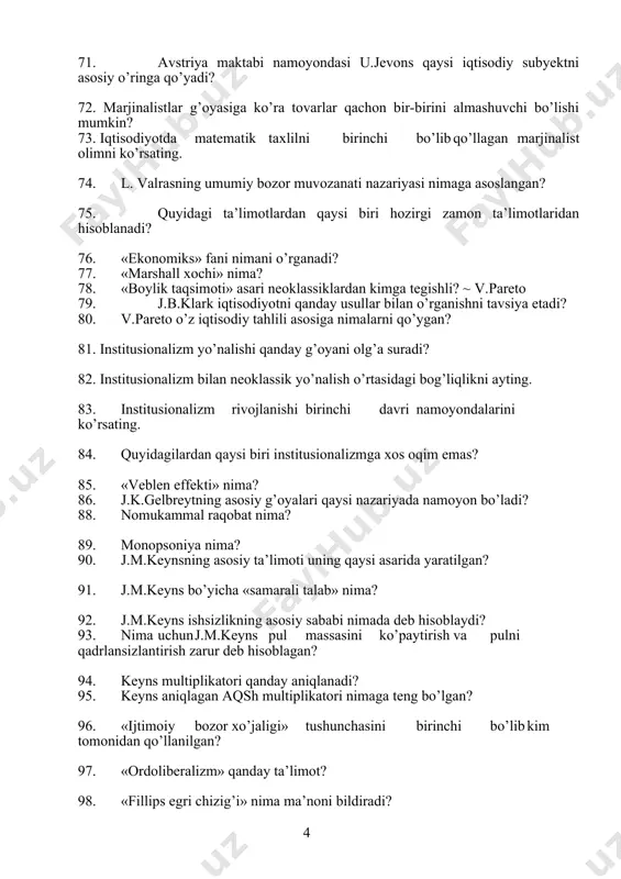 areto o’z iqtisodiy tahlili asosiga nimalarni qo’ygan? 81. institusionalizm yo’nalishi qanday g’oyani olg’a suradi? 82. institusionalizm bilan neoklassik yo’nalish o’rtasidagi bog’liqlikni ayting. 83. institusionalizm rivojlanishi birinchi davri namoyondalarini ko’rsating. 84. quyidagilardan qaysi biri institusionalizmga xos oqim emas? 85. «veblen effekti» nima? 86. j.k.gelbreytning asosiy g’oyalari qaysi nazariyada namoyon bo’ladi? 88. nomukammal raqobat nima? 89. monopsoniya nima? 90. j.m.keynsning asosiy ta’limoti uning qaysi asarida yaratilgan? 91. j.m.keyns bo’yicha «samarali talab» nima? 92. j.m.keyns ishsizlikning asosiy sababi nimada deb hisoblaydi? 93. nima uchun j.m.keyns pul massasini ko’paytirish va pulni qadrlansizlantirish zarur deb hisoblagan? 94. keyns multiplikatori qanday aniqlanadi? 95. keyns aniqlagan aqsh multiplikatori nimaga teng bo’lgan? 96. «ijtimoiy bozor xo’jaligi» tushunchasini birinchi bo’lib kim tomonidan qo’llanilgan? 97. «ordoliberalizm» qanday ta’limot? 98. «fillips egri chizig’i» nima ma’noni bildiradi? 99. hozirgi zamon iqtisodiy ta’limotlarida qaysi yo’nalishlar mavjud? 100. iqtisodiy taraqqiyotning asosiy omillari sifatida mehnat resurslari, tabiiy resurslar, kapital va texnologiyalarni ko’rsatgan olim kim? 13