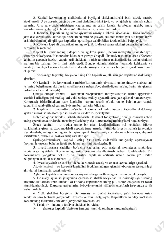 oblanadi. 2-savol bayoni. korxona o‘z faoliyatini uzluksiz olib borishi uchun mahsulot ishlab chiqarish, ishlarni bajarish va xizmatlarni ko‘rsatishda doimo tovar-moddiy qiymatliklarga ehtiyoj sezadi. ushbu ehtiyojini qondirish uchun korxona xo‘jalik jarayoni 3 ta faza: ta’minot jarayoni, ishlab chiqarish jarayoni va sotish (realizatsiya) jarayonini muntazam ravishda olib boradi. ta’minot jarayoni. har qanday korxona o‘z xo‘jalik faoliyatini boshlashdan oldin avval unga kerak bo‘lgan moddiy boyliklar bilan ta’minlangan bo‘lishi lozim. korxona zarur bo‘lgan bu moddiy qiymatliklarni mol etkazib beruvchilardan tuzilgan shartnomaga asosan oladi. shartnomada muayyan moddiy qiymatlikning nomi, soni, sifati, bahosi, assortimenti va qaysi muddatda olib kelinishi ko‘rsatilgan bo‘ladi. ishlab chiqarish jarayoni. ishlab chiqarishni amalga oshirish uchun korxona tegishli moddiy qiymatliklarga ega bo‘lishi kerak. shu moddiy qiymatliklardan foydalanib ishlab chiqarish jarayonida buxgalteriya hisobida ishlab chiqarishga qilingan xarajatlarni aks ettiradi hamda ishlab chiqarishdan olingan tayyor mahsulotlarni qayd qiladi. sotish (realizatsiya) jarayoni. ishlab chiqarish jarayonidan so‘ng yaratilgan milliy daromadni taqsimlash va keyingi ishlab chiqarishni amalga oshirishdan …