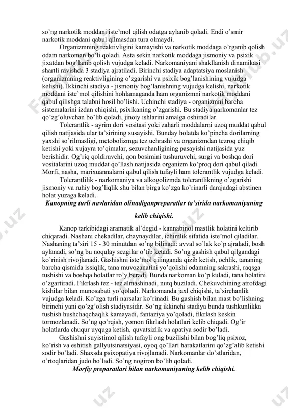 na qabul qilishlikka moyillik keltirib chiqaruvchi): 3. uni muntazam qabul qilganda odamni ruxan va jismonan izdan chiqarib insoniylik qiyofasini yo’qalishiga olib keluvchi: 4. odam orasida tez tarqalishga sabab bo’luvchi: 5. madaniyatli kishilar ushbu moddani - preparatni qabul qilishlik odat tusiga kirib qolmasligi (bu o’rinda tamaki va alkogol birinchi o’ringa chiqib oldi). narkotik moddalar organizmga ta’sir etishga qarab quyidagi guruxlarga bo’linadi: 1. sedativ vositalar ya’ni tinchlantiruvchi preparatlar: opiy, narkotik, moddalar va uxlatuvchi vositalar. 2. stimullovchi - rag’batlantiruvchi preparatlar: efidrin, fenamin, va boshqalar. 3. psixik xolatga (ruxiyatga ta’sir qilib ongni o’zgartiruvchi) vositalar: ayrim psixotrop moddalar lsd, kayf qiluvchi kanop preparatlari (kannabinolar) va gallbtsinogenlar “bz”, “rsr”. shuningdek, narkotik ta’sir etuvchi uchuvchi moddalar (lndv) va boshqalar. kanop preparatlarining barchasi maxsus o’tkir xidga ega, achchiq odatda uni tamakiga qo’shib chekishadi. ta’sir etuvchi modda bir qancha alkogoloidlar aralashmasi bo’lib, ularning umumiy nomi “tetrigidrokannabinolar” (inglizcha - tns) deb ataladi. “qora dori” (opiy)preparatlari uch xil ko’rinishda bo’ladi: 1. …