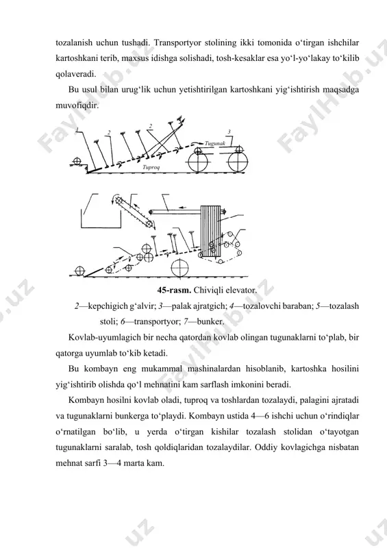 katlanadi. titrash natijasida lemexning tuproqqa botishi yengillashib, tuproqni ko‘chirishga sarflanadigan kuch miqdori kamayadi. shunda krivoshiðning aylanma va mashinaning ilgarilanma tezliklari nis- 1 2 3 4 5 48-rasm. 1—passiv lemex; 2—erkin aylantiruvchi baraban; 3—disklar; 4—uzatuvchi biter; 5—transportyor. 49- rasm. kesak ezuvchi ballonlar sxemasi. batini to‘g‘ri tanlab, lemex tig‘ining o‘zgaruvchan absolut tezligi oniy yo‘nalishlaridan biri vk lemex ustidagi tuproqni ko‘tarib tashlashga olib keladi. natijada tuproq qatlami parchalanib, kartoshkani tuproqdan ajralishi yengillashadi. amalda lemexning tebranish amplitudasi 25 mm, tebranish soni minutiga 500—700 martaga yetadi. lemexning sudrashga qarshiligi 20—30% ga kamayadi. kesak ezuvchi qismlar. tugunaklar tuproq elash hisobiga ajratilishidan oldin, yirik kesaklarni ezib, maydalash talab qilinadi. kesaklarni ezib maydalaydigan moslama, albatta, tugunaklarga zarar yetkazmasligi kerak. bu talabga javob beradigan moslamalarning eng arzoni rezinadan yasalgan pnevmatik ballonlar hisoblanadi (49-rasm). ballon ichidagi havo bosimi 10—20 kpa bo‘lganligi sababli, ular jufti orasidan o‘tayotgan yumshoq va yirik kesaklar ezilib maydalanadi. ballonlar orasidan o‘tkazilgan tuproq elanganda uning ajraladigan qismi …