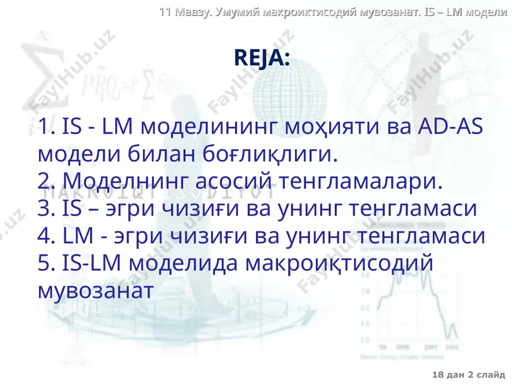 +n y = ------------- - ------------- g - -------------ta - ----------------r 1-b(1-t)+m` 1-b(1-t)+m` 1-b (1-t)+m` 1-b (1-t) + m` бу ерда t = ta + t y 10-слайд 18 дан * слайд 11 мавзу. умумий макроиктисодий мувозанат. is – lm модели is эгри чизиғ�ининг yга нисбатан алгебраик тенгламаси тœғ�ри бо�ғлиšлик тескари боғ�лиšлик тескари бо�ғлиšлик давлат бюджет мультипликатори солик мультипликатори изоҳ�: a, b, d, e, g, n, m’ коэффициентларнинг šиймати is моделининг асосий тенгламаларидан келиб чиšади а – автоном истеъмол, b – истеъмолга меъерий мойиллик, d – фоиз ставкасига инвестицияларнинг сезувчанлик коэффициенти, e – автоном инвестиция, g - автоном экспорт, t – солиš ставкаси, m’- импортга меъерий мойиллик 18 дан * слайд 11 мавзу. умумий макроиктисодий мувозанат. is – lm модели lm эгри чизи�ғи lm эгри чизиғ�и – пул бозоридаги мувозанат эгри чизиғ�и – пулга бœлган талаб унинг таклифига тенг бœлган нуқталарнинг геометрик ўрни. r r r lm r 1 m …