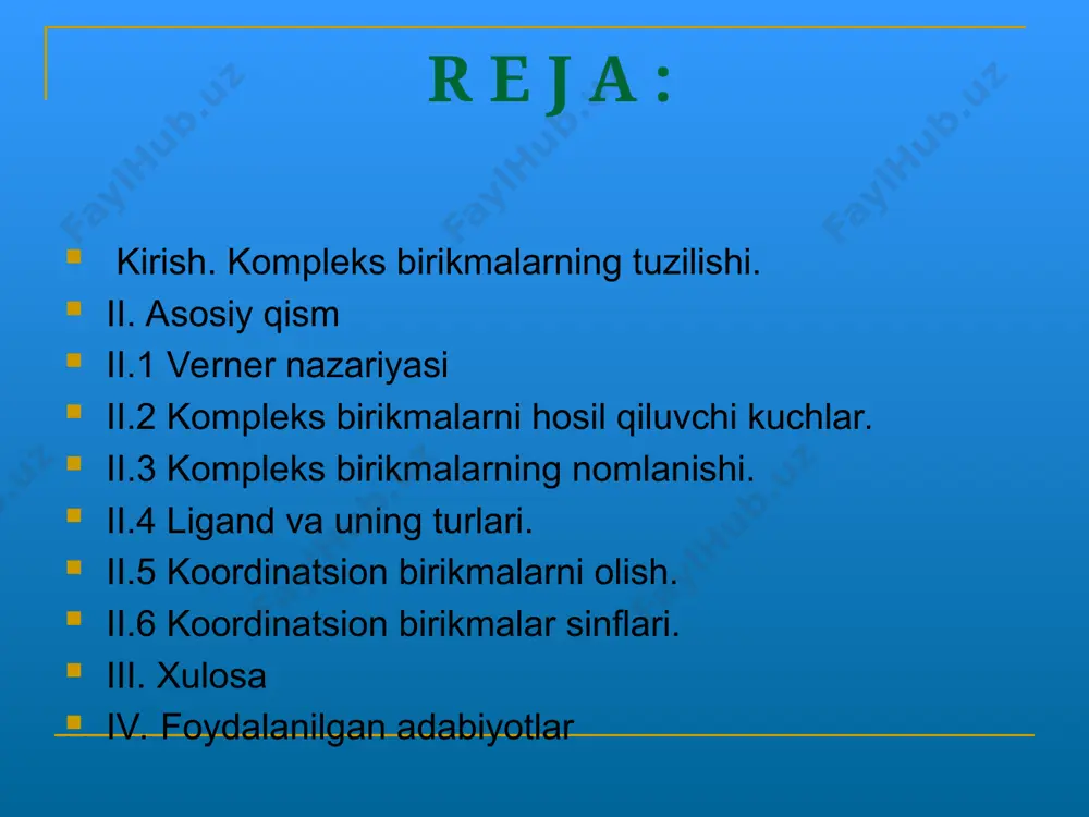 dagi markaziy atom bilan bevosita birikkan ligandlar orasidagi bog’lanishlar soni markaziy atomning koordinatsion soni deyiladi. kompleks birikmalar hosil bo’lishni elektrostatik nazariya bilan kovalent bog’lanishlar nazariyasidan foydalanib tushuntiriladi. elektrostatik nazariyaga binoan markaziy atom bilan yoki markaziy ion bilan addendlar orasidagi bog’lanish zarrachalarning elektrostatik tortishuvi natijasida vujudga keladi va bu bog’lanish, o’z tabiati jihatidan, xuddi ion bog’lanishga o’xshaydi kislotalarning fizikaviy xossalari: oddiy sharoitda suyuq (hci, h2so4, hno3) va qattiq (h3bo3, h2c2o4) holda bo’ladi. kislotalar suvda yaxshi eriydi. eritmasi terini kuydiradi va nordon mazaga ega bo’ladi. kimyoviy xossalari: neytrallanish reaksiyasi: naoh + hci = naci + h2o metallar bilan ta’siri: mg + 2hci = mgci2 + h2 ↑ asosli oksidlar bilan reaksiyaga kirishib tuz hosil qiladi: cuo + 2hno3 = cu(no3)2 + h2o tuzlar bilan ta’siri: baci2 + h2so4 =↓baso4 + 2hci qizdirganda parchalanishi: h2so4 h2o + so3 6. ko’k lakmusni qizartiradi, metiloranjni rangsizlantiradi. 3. asoslar molekulasida metall atomi va bir yoki bir …
