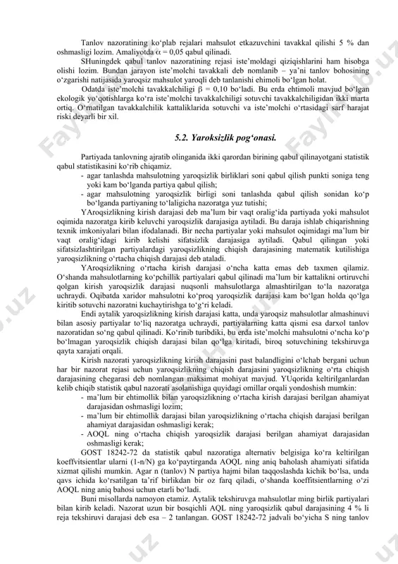 n). miqdor belgisiga qarab nazorat qilishda bir yoki bir necha mahsulot birliklari parametrlari ahamiyatiga qarab aniqlanadi, navbatdagi qarorlar esa o‘sha mazmunlarga qarab qabul qilinadi. ushbu ishda asosiy diqqat alternativ tanlov nazoratiga qaratiladi. tanlov baholari orasida o‘zgarib turuvchi tanlov nazoratining o‘ziga xosligini ta’kidlab o‘tish lozim. bu degani bir xil partiyalar har xil miqdordagi nuqsonli mahsulot o‘rnini egalashi mumkin. demak, bir tanlov nazoratiga qarab partiyani qabul qilish, boshqasiga qarab esa nuqsonsizlashtirish mumkin. tanlov nazorati nafaqat iqtisodiy tushunchalar orasidagi reja bo‘yicha, balki tanlash hajmini ifoda etuvchi statistik usullarga qarab amalga oshiriladi. tanlov nazoratini qo‘llash uchun quyidagi shartlarnibajarish lozim: · tanlov nazorati partiya ichida qolgan mahsulotni kafolatlay olmasligi mumkin; · tanlov kutilmagan tarzda shakllanishi lozim; · tanlov nazoratida tavakkal etiluvchi mahsulot etkazib beruvchi yoki iste’mol qiluvchi ehtimollik darajasi mavjud. tanlov qabul nazorati rejalari yaroqli mahsulotning nuqsonlanish ehtimolini kamaytirishga xarakat qilishdir. bu erda tanlov bohosining o‘zgarishi natijasida mahsulotlarning yaroqli partiyasi mos texnik talablarga mos emas …