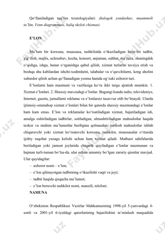 liy va o‘rta maxsus ta’lim, xalq ta’limi vazirliklari hamda o‘zbekiston respublikasi prezidentining “iste’dod” jamg‘armasi, “yilning eng yaxshi darsligi va o‘quv adabiyoti muallifi” respublika tanlovini e’lon qiladi. tanliv quyidagi o‘quv fanlari bloklari bo‘yicha o‘tkaziladi: – gumanitar va ijtimoiy-iqtisodiy; – matematik va tabiiy-ilmiy; – umumkasbiy; – ixtisoslik. tanlov talablari: – tanlovga taqdim etilayotgan darslik, o‘quv qo‘llanma, jumladan, electron darslik va elektron o‘quv qo‘llanma o‘zbekiston respublikasi “kadrlar tayyorlash milliy dasturi” qabul qilingandan so‘ng nashr qilingan bo‘lishi, umumiy o‘rta, o‘rta maxsus, kasb-hunar va oily ta’lim bo‘yicha davlat ta’lim standartlariga mos kelishi, o‘rnatilgan taribda tasdiqlangan fan dasturiga muvofiq yaratilgan bo‘lishi, milliy istiqlol g‘oyasi va qadriyatlarimizni o‘zida aks ettirishi, ta’lim jarayonida kamida bir o‘quv yili davomoda qo‘llanilgan va ijobiy taqrizlar bilan e’tirof etilgan bo‘lishi; – ko‘zda tutilgan ta’lim turi uchun belgilangan o‘quv-uslubiy va didktik talablarga to‘liq javob berishi hamda aniq va ravshan tilda yozilgan bo‘lishi; – xalq ta’limi, oliy va o‘rta maxsus ta’lim vazirliklari grifi bilan …