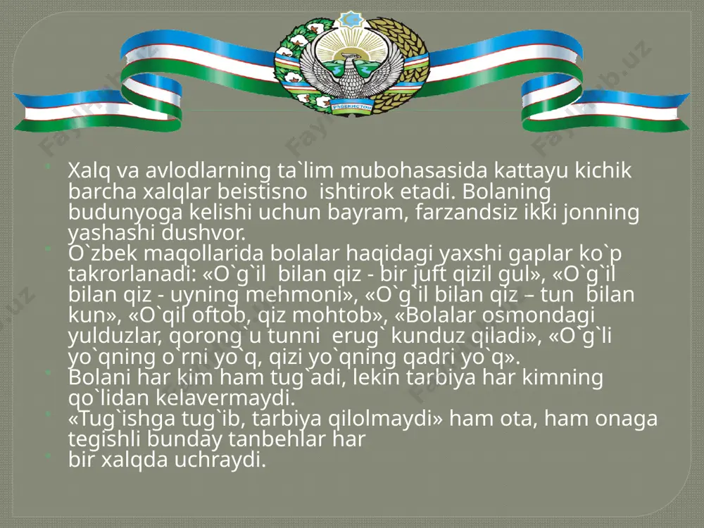rilgan etti yil yig`lar, yurtidan ayrilgan o`lguncha yig`lar. ona yurting - oltin beshining. har qancha ko`p bilsang ham xalq sendan ko`proq biladi yigitning burchi - vatanni qo`riqlash. o`z uying - o`lan to`shaging. hadislar xalqni tarbiyalashga, ahloq-odobga, diniy e`tiqodga chaqirish bilan bir qatorda xalqning haetini, uning o`tmishdagi iqtisodiy, siesiy va madaniy turmush darajasini o`rganishda muhim manba hisoblanadi. u xalqning ijtimoiy va iqtisodiy munosabatlarini, ijtimoiy-maishiy turmush tarzini, orzu va intilishlarini o`zida ifoda etadi. hadislarda ifodalangan xulq-atvor normalari eki inkor etiladi, eki keskinma`qullanadi. shuning uchun u o`quvchiga g`oyaviy yo`nalish beradi, ideallarning rivojlanishiga ta`sir etadi, insonparvarlik, hadollik, yimon, e`tiqod, tinchlik, do`stlik, vatanparvarlik, mehnatsevarlik hissietining shakllanishiga olib keladi. badiiy asar yaratilgan davr tuzumi manfaatlarini aks ettiradi, shu davr kishilarining talab va ehtiejlarini nazarda tutadi. hadislar feodalizm davrida yaratilgan bo`lib, shu tuzum tartiblari, qonun-qoidalari, o`rta osiyo va eron xalqlarining boy milliy an`analarini, turmush tarzini ifodalagan. hadislarda xalq tajribasida sinalgan ezgu ideallar kuchaytiriladi, nasihat va talab shakladi …