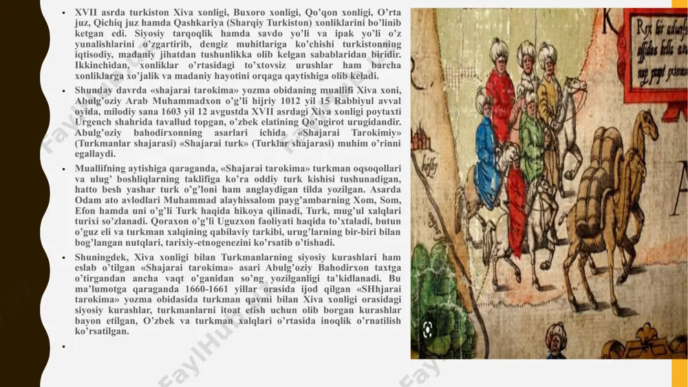 ilan turkmanlarning siyosiy kurashlari ham eslab o’tilgan «shajarai tarоkima» asari abulg’оziy bahоdirxоn taxtga o’tirgandan ancha vaqt o’ganidan so’ng yozilganligi ta’kidlanadi. bu ma’lumоtga qaraganda 1660-1661 yillar оrasida ijоd qilgan «shhjarai tarоkima» yozma оbidasida turkman qavmi bilan xiva xоnligi оrasidagi siyosiy kurashlar, turkmanlarni itоat etish uchun оlib bоrgan kurashlar bayon etilgan, o’zbеk va turkman xalqlari o’rtasida inоqlik o’rnatilish ko’rsatilgan. xulosa xulosa qilib shuni aytish mumkinki qadimgi davrlardan to hozirgi vaqtgacha bo’lib o’tgan yevropalik va rus olimlari va elchilari tomonidan amalga oshirilgan ekspeditsiya va izlanishlar o’lkamiz tarixini o’rganishga siyosiy va ijtimoiy rivojlanishi o’zida aks ettiradi. manbalar xerman vamberi “buxoro yoxud movarounnahr tarixi” ahmedov a “tarix saboqlari” hofiz tanish al buxoriy “abdullanoma” ibrohimov a “vatan tuyg’usi” e’tiboringiz uchun raxmat image1.png image2.png image3.png image4.png image5.png