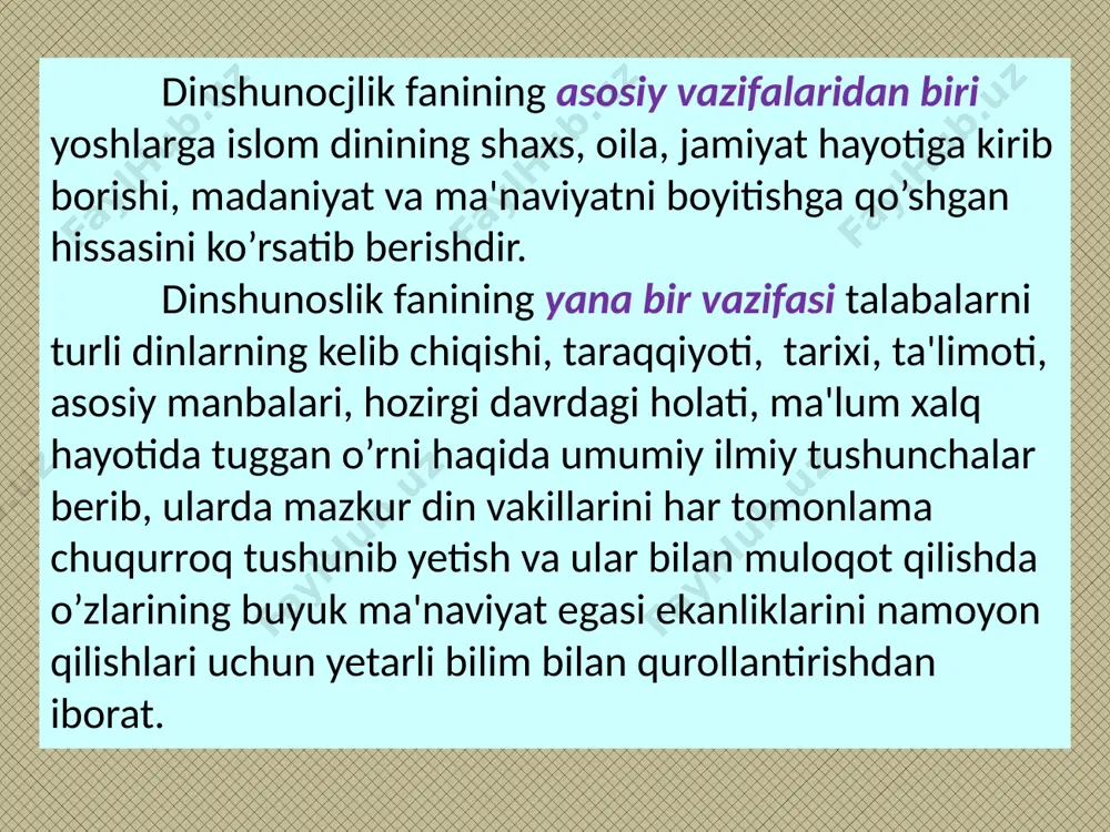 ning paydo bo‘lishi borliqni hissiy idrok etishdan boshlanadi va u ratsional bilish bosqichida ahamiyatini saqlab qoladi. dinning gnoseologik ildiziga aloqador va barcha tarixiy davrlarda takrorlanib turadigan xususiyatlar quyidagilardan iborat: a) bilishning subyektiv jihatlarini absolutlashtirish (lotinchada – voqelik bilan bog‘lanmagan narsa, nisbatsizlik, so‘zsiz degan ma’nolarni anglatadi), ya’ni bo‘rttirib ko‘rsatish; b) abstrakt (lotincha abstratio – diqqatni chetga tortish degan ma’noni anglatadi), ya’ni tafakkur; v) tafakkurning umumlashtirish qobiliyati. 3) dinning ruhiy ildizi. dinning vujudga kelishida kishining bilish faoliyatiga bog‘liq jarayonlar bilan birga uning hissiyoti, kayfiyati va kechinmalari ham ishtirok etadi. diniy tasavvurlar dastlab kishilarning his- tuyg‘ulari orqali vujudga keladi. dinning ruhiy ildizi individual va ijtimoiy ruhiyatlarga bo‘linadi. individual ruhiyatga shaxsiy iztirob, g‘am-tashvish, o‘limdan qo‘rqish, yolg‘izlik, muhabbat, mehr-shafqat, minnatdorlik singari ijobiy va salbiy kechinmalarni misol keltirish mumkin. ijtimoiy ruhiyatga guruhlar va jamiyatlarga xos voqeliklar – ijtimoiy fikr, ommaviy qo‘rqish hissi, taqlid, an’ana va urf-odat kabilarni misol keltirish mumkin. dinning ruhiy ildizlari deganda diniy g‘oyalarni …