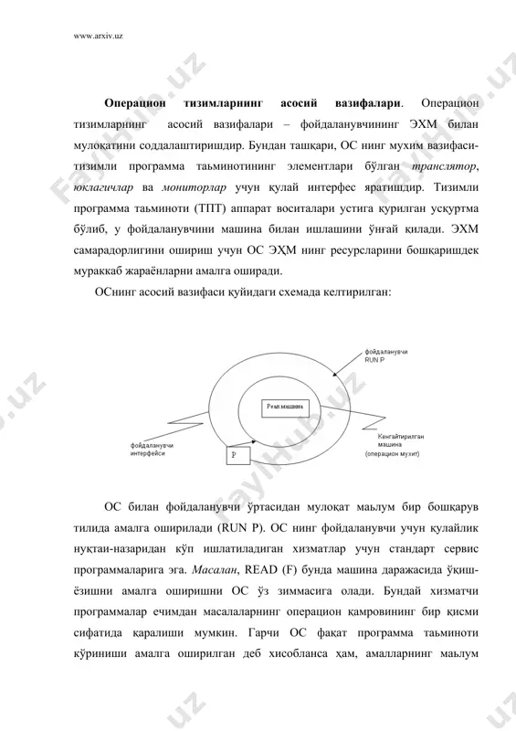 нлигидан келиб чиқади. мультипрограмма тизимида бир вақтда бир неча фойдаланувчи масалалари ечилиши мумкин. масалалар бир-бирига халақит бермаслиги учун ўзининг операцион қобиғини яратади. мультипроцессорли тизимларда биттидан ортиқ процессор ишлатилади. пакетли қайта ишлаш тизимларида топшириқ маьлумот (берилганлар) ташувчиларида ёзилган (дискларда) бошқарув операторлари кетма-кетлиги сифатида келади ва дискларни алмаштириш каби ишлардан ташқари, прграммани ўқиш ва божариш ос ўз зиммасига олади. диалог ёки интерактив режимда фойдаланувчиларнинг мурожат вақти тақсимоти тизимлари орқали таьминланади. осда фойдаланувчи томонидан берилган ҳар бир буйруқ, у киритилган захоти бажарилади. ташқи қурилмалардан келаётган сигналларни қайта ишлаш ва тезда жавоб бериш учун реал вақт тизимларидан фойдаланилади. фойдаланувчи интерфейси. ос томонидан бериладиган интерфейс турли тоифа одамларга эхм билан мулоқатни ўнғай қилишга қаратилган. фойдаланувчи учун буйруқлар тили мавжуд бўлиб, унинг энг соддаси менюдир. мураккаб тизимларда ос мулоқатнинг бир неча тури бўлиши мумкин. мутахассис бўлмаган фойдаланувчиларга эҳмда ишлаш учун сода буйруқлар тили яратилган. мутахассис программа тузувчилар учун масалаларни бошқариш тили деб номланувчи кучли ва мураккаб …