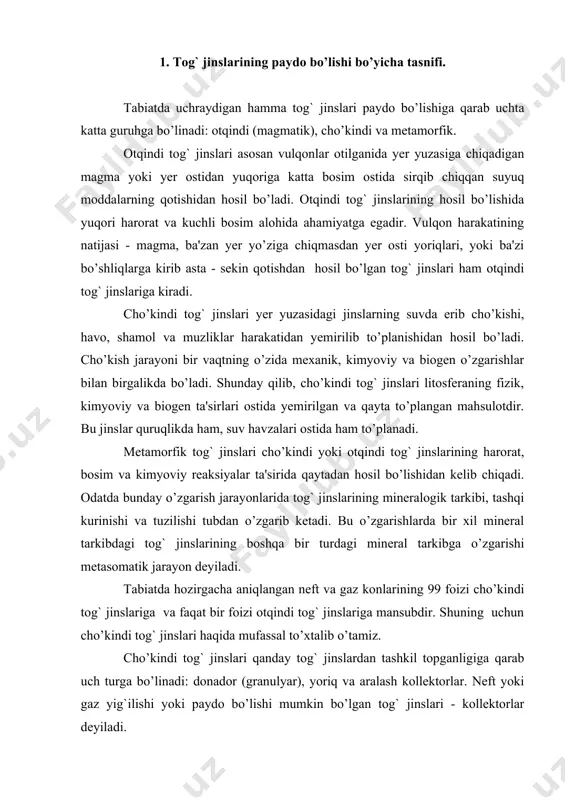ga o’zgarishi metasomatik jarayon deyiladi. tabiatda hozirgacha aniqlangan neft va gaz konlarining 99 foizi cho’kindi tog` jinslariga va faqat bir foizi otqindi tog` jinslariga mansubdir. shuning uchun cho’kindi tog` jinslari haqida mufassal to’xtalib o’tamiz. cho’kindi tog` jinslari qanday tog` jinslardan tashkil topganligiga qarab uch turga bo’linadi: donador (granulyar), yoriq va aralash kollektorlar. neft yoki gaz yig`ilishi yoki paydo bo’lishi mumkin bo’lgan tog` jinslari - kollektorlar deyiladi. granulyar kollektorlar asosan qum, qumtosh va qum - alevrit kabi tog` jinslaridan tashkil topgan bo’ladi. bunday kollektorlarda neft va gaz jinslarining mayda zarrachalar orasidagi boshliqlar, g`ovaklar ichida yig`iladi. demak, granulyar kollektorlardagi foydali boshliqlar, ya'ni neft yoki gaz yig`ilishi mumkin bo’lgan boshliqlar, asosan zarrachalar orasidagi boshliqlar - g`ovaklardan iborat ekan. yoriq kollektorlarga ohaktosh, dolomitlar kiradi. bunday tog` jinslarida foydali boshliqlar har xil yoriqlar sistemasidan iboratdir. boshliqlar faqat yoriqlar emas, balki juda mayda mikrokarst va kovaklardan ham tashkil topgan bo’lishi mumkin. yoriqlar sistemasi gorizontal va tik …