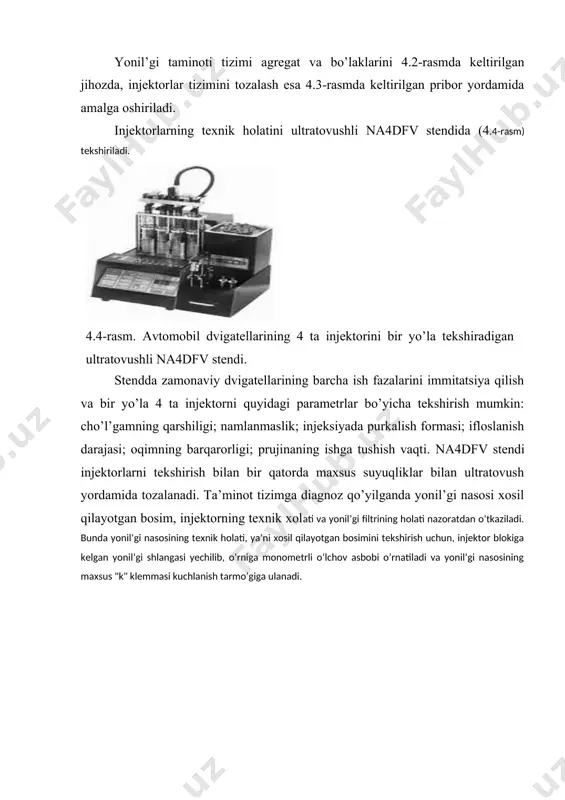 rishning boshlanishi momentoskoplarning shisha trubkalaridagi yonil’gi harakatlanishining boshlanishiga qarab aniqlanadi. sdтa jihozlari korpusining nasosni aylantiradigan vali tomoniga darajalarga bo’lingan disk, nasosning mushtchali valini jihozdagi yuritma val bilan biriktiradigan muftaga esa strelka o’rnatilgan. birinchi silindr trubkasidagi yonil’gi harakatlanishining boshlan’gich payti sanoq boshi-0° deb qabul qilinadi. kamaz-740 dvigateli silindrlarining ishlash tartibiga (1-5-4-2-6-3-7-8) mos ravishda, boshqa silindrlarga yonil’gi berilishini boshlanishi nasosning mushtchali vali quyidagi burchaklarga burilganda sodir bo’ladi: 5-silindrga(nasosning 8-seksiyasi)-45°, to’rtinchiga(4-seksiya)-90°, ikkinchiga(5-sek-siya)-135°, oltinchiga (7 seksiya)-180°, uchinchiga (3 seksiya)-225°, yettinchiga (6-seksiya)-270° va sakkizinchiga (2 seksiya)-315°. bunda birinchi seksiyaga nisbatan har bir seksiyadan yonil’gi berishning boshlanishi orasidagi intervalning noaniqligi 0,5°dan ortib ketmasligi kerak. yonil’gi berish​ning boshlanishini tekshirish yonil’gi purkalishini ilgarilatish muftasini yechib qo’ygan holda amalga oshiriladi. forsunkalar dd 2110 yoki niiaт-1609 (4.6-rasm) priborlari yordamida tekshirilib, uni germetiklik, purkash bosimi va purkash sifati aniqlanadi. forsunka germetigligi 30 mpa bosimda tekshiriladi, uning 30 mpa dan -23 mpa ga tushishi 5 sekunddan kam bo’lmasligi kerak. yangi forsunkalar uchun …