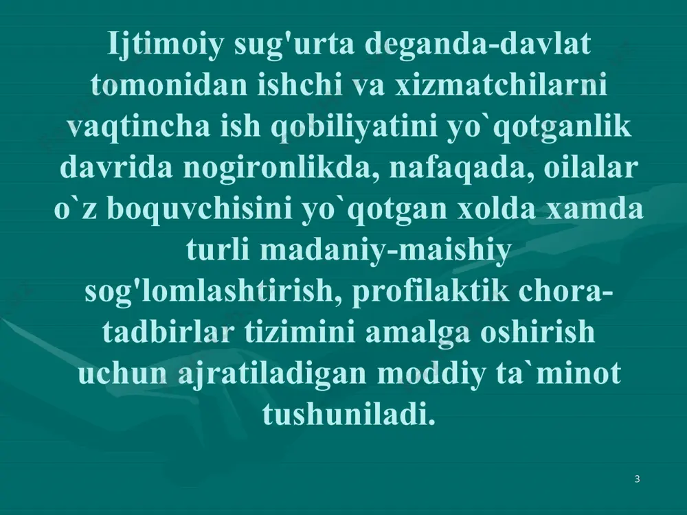 iliyatini yo`qotish bilan bog'liq bo`lgan kasallanishlarda (jaroxatlarda); b) xomiladorlik va tug'ish bo`yicha beriladigan ta`tilda; v) bemor oila a`zosini uy sharoitida parvarish qilish zarur bo`lganda; g) sanatoriya - kurortlarda (ambulator-kurort) davolanganda d) sil yoki kasb kasalliklari tufayli vaqtincha boshqa ishga o`tkazilganda; e) karantinda; j) protez – ortopedik statsionar sharoitda protezlashda. * kasallik varaqasini berish va uzaytirish mexnatga qobiliyatsiz shaxsni vrach shaxsan ko`rikdan o`tkazgandan so`ng amalga oshiriladi va tibbiy hujjatlarga qayd etish orqali asoslanadi. bunda kasallik varaqasini berish yoki uzaytirish uchun asos bo`lgan tashxis klinik ma`lumotlar va zarur laboratoriya-instrumental tekshiruv natijalari bilan tasdiqlanishi lozim. * kasallanish va jaroxatlanishlarda kasallik varaqasining berilishi. bemor ambulator –poliklinika sharoitida davolanganda davolovchi vrach kasallik varaqasini bir vaqtning o`zida 5 kalendar kunigacha berishi mumkin. kasallik varaqasini 5 –kalendar kundan ortiq bo`lgan muddatga uzaytirish davolovchi vrach va bo`lim mudiri tomonidan amalga oshiriladi, bunda xar doim kasallik varaqasi 10 kundan oshmagan muddatga uzaytiriladi, agar bo`lim mudiri bo`lmasa u xolda davolovchi …