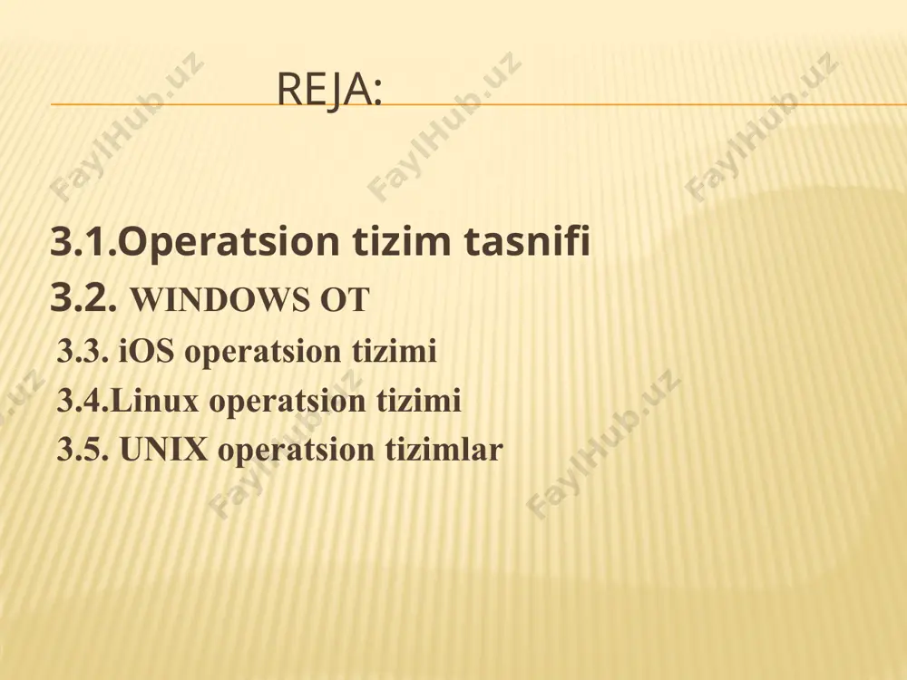eratsion tizimi). bu operatsion tizim 1981- yilda ibm pc kompyterlari uchun chiqarilgan. dos operatsion tizimi oilalarining jiddiy kamchiligi shaxsiy kompyuterlar va operatsion tizim zaxiralariga ruxsatsiz kirishdan muhofaza vositalarining yo‘qligidir. dos oilasining operatsion tizimlari bir vazifali bo‘lib, quyidagi o‘ziga xos xususiyatlarga ega: ehm li interfeys foydalanuvchi kiritadigan buyruq yordamida amalga oshiriladi; tizimni ehmning boshqa turlariga o‘tishni soddalashtiradigan tuzilma mavjudligi; operativ xotiraga kirish hajmining uncha katta emasligi (640 kbayt). windows 11 ishchi oynasi ios operatsion tizimi ios(24 iyun, 2010-yilgacha -iphoneos) –amerika kompaniyasi apple tomonidan ishlab chiqilgan va ishlab chiqarilgan aqlli telefonlar, electron planshetlar va ko'chma media qurilmalari uchun operatsion tizim. 2007 yilda ishga tushirilgan; dastlab–iphone va ipod kabi qurilmalar uchun–keyinroq ipad va appletv uchun ishlab chiqilgan, windows phone(microsoft) va android(google) ot larga qaraganda faqat apple tomonidan ishlab chiqarilgan qurilmalar uchun mavjud. ios uchun mach mikroyadrosiga asoslangan xnu yadrosi va apple kompaniyasi tomonidan yaratilgan dastur kodi hamda next step os va freebsd kodi …