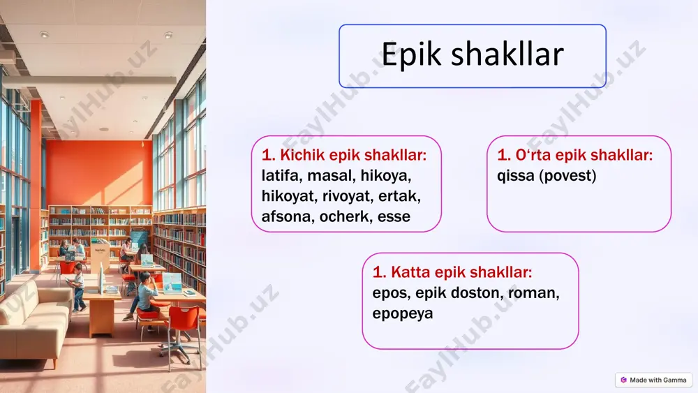 jodu boʻladi. afsonalar olam (yer, quyosh va boshqa sayyoralar yuzaga kelishi) haqida, toponimik (qof togʻi, daryo, dengiz, shahar, qal’a, qishloq, tepalik, eram bogʻi va hokazo), elatlarning kelib chiqishi (masalan, turkiy xalqlarning), hayvonot dunyosi (masalan, sher, ajdaho, anqo, semurgʻ va boshqalar)ga oid, tabiatdagi voqea, hodisalar (masalan, chaqmoq, zilzila, shamol va boshqalar) xususida, tarixiy shaxslar (mas, turkiylardagi er toʻnga, toʻmaris, shiroq, anglosakslar qiroli artur va boshqalar) toʻgʻrisida, diniy (mas, islomdagi nuh paygʻambar xususidagi, abu muslim jangnomasi, avestodagi frangrasyan (afrosiyob), xristianlikdagi iso masihning havoriylari bilan sayohatiga bogʻliq voqea-hodisalar) va boshqa turli-tuman mavzularda boʻladi. masalan, „qutadgʻu bilig“, „devo-nu lugʻotit turk“, alisher novoiyning „hamsa“, dantening „ilohiy komediya“, chingiz aytmatovning „oq kema“, erkin vohidovning „ruhlar isyoni“, abdulla oripovning „jannatga yoʻl“ kitoblarida a.lar asarning badiiy-estetik va taʼsir kuchini oshirishga, inson ruhiyatini yanada chuqur va toʻlaqonli tasvirlashga xizmat qilgan. ocherk — badiiy adabiyotning epik tur janrlaridan biri. ocherk oʻzining hozirjavobligi, ishonarliligi, haqiqiy hayotda roʻy bergan voqealarni ifodalash, hujjatlarga …