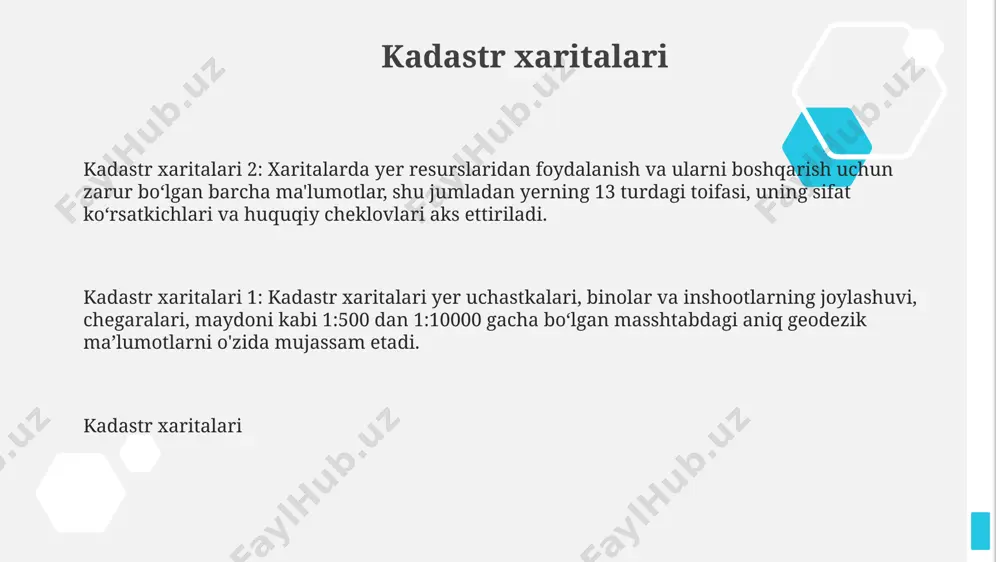 ish imkonini beradi. geodeziya asoslari raqamli kartografiya raqamli kartografiya raqamli kartografiya orqali yaratilgan xaritalar aniqligi yuqori bo'lganligi sababli, ular joylardagi o'zgarishlarni 95% aniqlikda aniqlash imkonini beradi. bu, ayniqsa, yer resurslarini boshqarishda muhim ahamiyatga ega. raqamli kartografiya tizimlari geodezik ma'lumotlarni qayta ishlash va tahlil qilish uchun maxsus dasturiy ta'minot va algoritmlardan foydalanadi. misol uchun, arcgis va qgis kabi dasturlar 100 dan ortiq geodata formatlarini qo'llab-quvvatlaydi. geoinformatsion tizimlar (gis) zamonaviy gis dasturlari vektor va raster ma'lumotlar formatlarini qo'llab-quvvatlaydi va geodezik hisoblashlar, fazoviy tahlil, ma'lumotlarni vizuallashtirish va ma'lumotlarni boshqarish uchun ko'plab funksiyalarni taqdim etadi, jumladan 7 xil tahlil usullari. geoinformatsion tizimlar (gis) geografik ma'lumotlarni yaratish, saqlash, tahlil qilish va vizuallashtirish uchun mo'ljallangan kompyuter tizimlari bo'lib, ular 2d va 3d formatlarda xaritalarni yaratishga imkon beradi. gis texnologiyalari turli sohalarda qo'llaniladi, masalan, atrof-muhitni monitoring qilish, transportni rejalashtirish, qishloq xo'jaligi, favqulodda vaziyatlarni boshqarish va resurslarni boshqarish kabi. bunda 5 ta asosiy komponent: apparat, dasturiy ta'minot, ma'lumotlar, …