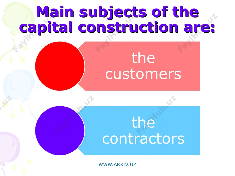 the assistance of a specialized organization, determine the starting value of the object of competitive bidding. www.arxiv.uz the main objectives of the organizer of competitive bidding are: www.arxiv.uz www.arxiv.uz www.arxiv.uz www.arxiv.uz www.arxiv.uz www.arxiv.uz www.arxiv.uz bidder - the applicant, qualified and whose offer registered by organizer of competitive bidding. offer – bid of the applicant in respect of the subject of tenders submitted under the conditions specified in the tender documentation. www.arxiv.uz the applicant to participate in competitive bidding has to meet following qualified requirements: - availability of working capital in the amount of not less than 20% of the value of competitive bidding or bank guarantee for the provision of these funds, production facilities, manpower and expertise required to perform the work (services); - civil legal capacity and authority to sign the contract; - amount (scale) of authorized capital; - work experience in objects of construction similar to those competitive …