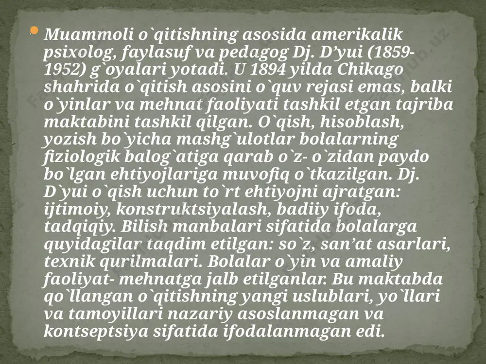 qidagi to`plangan ma’lumotlarga asoslanib, shuni ta’kidlash lozimki, bu ta’lim turi ilmiy-uslubiy jihatdan uch ko`rinishga ega. muammoli vaziyatni vujudga keltirish, muammoning qo`yilishi, muammoning yechishini topish. muammoli vaziyatni o`quv mashg`ulotlarining barchasida shakllantirish mumkin. uni dars jarayonida qancha ko`p shallantirish o`qituvchiga bog`liq. muammoli vaziyatning ahamiyati shundaki u o`quvchilar diqqatini bir joyga (muammoga) qaratadi va o`quvchilarning izlanishiga, fikrlashga o`rgatadi. muammoli vaziyatni yaratganda o`qituvchi o`quvchilar o`z diqqatlarini nimalarga qaratishlari kerakligini aytishi maqsadga muvofiqdir. masalan: «chor rossiyasining xiva xonligini bosib olishi» mavzusida o`quvchilar diqqatini ikki muammoga qaratish zarur. buning uchun o`qituvchi : . 1. xiva xonligining bo`ysundirilishi rossiyaga qanday manfaat keltirar edi? degan savolni qo`yib muammoli vaziyatni yaratadi va o`quvchilarning fikrlarini eshitadi. barcha fikrlarni eshitgach savolga yakuniy xulosani e’lon qilishi kerak. 2. turkmanlarning qo`zg`olonini tahlil qiling. nima uchun qo`zg`olon yengildi? bu savol bilan o`qituvchi ikkinchi muammoli vaziyatni vujudga keltirdi. o`quvchilar yechish jarayonida o`qituvchi bilan birga harakat qilib, muammo yuzasidan fikr va mulohazalarini bayon etib, muammoning yechishiga …