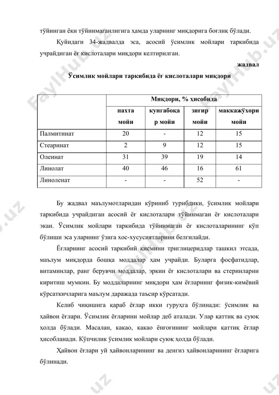 лаб чиқаришда маълум даражада таркибида ёғ бор чиқиндиларни ҳам ишлатиш мумкин. масалан, крахмал-патако ва ун-ёрма саноатида ажралиб чиқадиган маккажўхори куртагидан маккажўхори мойи олинади. шунингдек, озиқ-овқат сифатида ишлатиладиган мойлар донларнинг куртакларида (буғдой, сули, арпа ва бошқалар) ва сабзавотларнинг уруғларида (узум, олма, помидор, тарвуз ва бошқалар) ҳам бўлади. қуйидаги 36-жадвалда қишлоқ хўжалик маҳсулотларини қайта ишлаш жараёнида ҳосил бўладиган озуқавий чиқиндилар таркибида бўладиган мойларнинг миқдори келтирилган. жадвал озуқавий чиқиндилар таркибида липидлар миқдори (абсолют қуруқ моддасига нисбатан % ҳисобида) хом ашъёсининг тури мойлилик даражаси муртаклари: буғдой сули маккажўхори 10-17 11-13 30-48 кепаги: гуруч тариқ 8-18 10-24 донаги: ўрик олхўри гилос бодом 35-45 30-50 30-39 42-53 уруғи: помидор узум 25-35 10-15 бу жадвал маълумотларидан кўриниб турибдики, озуқавий чиқиндилар таркибида ҳам эътиборга молик миқдорда мойлар бўлар экан. лекин, охирги йилларгача таркибида мой бўладиган озиқ-овқат чиқиндилари бизнинг республикамизда саноат миқёсида ишлатилмай келди. бу чиқиндилар аксарият ҳолларда ишлатилмасдан ташлаб юборилар ёки молларга ем сифатида қўлланилар эди. экспериментал-тадқиқот ишлари …