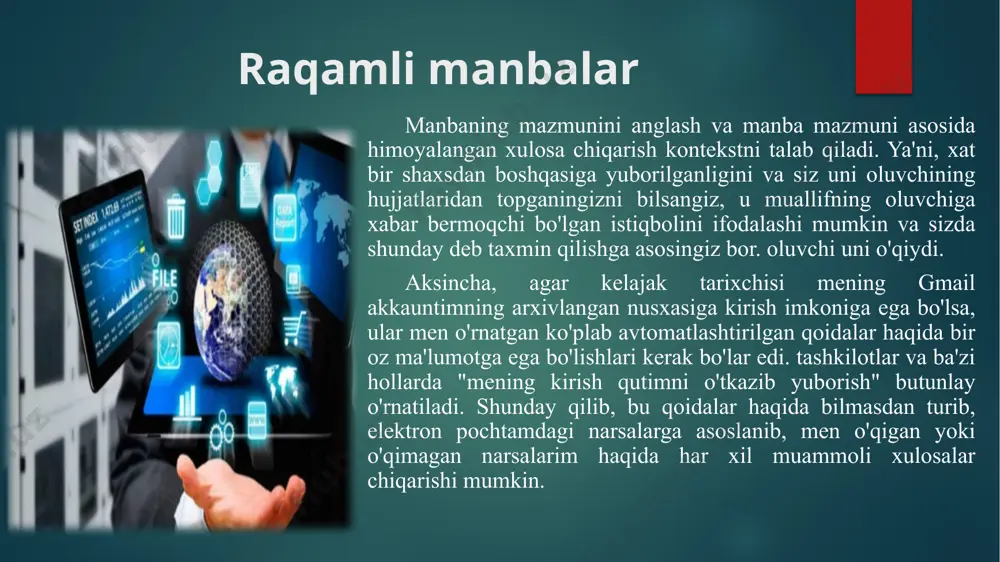 ga nisbatan tasvirlash jamoatchi tarixchi ian tyrrell 30-yillarda mikrofilmni tasvirlash uchun raqamlashtirish va internetga nisbatan tez-tez ishlatiladigan ritorikadan foydalangan. uning so'zlariga ko'ra, mikrofilm "1960-yillarga kelib birlamchi manbalarga kirishni demokratlashtirdi va shuning uchun original tadqiqot va monografik yondashuvlarga ustunlik berdi. “manbalarni ko'paytirish tarixchilarda asosiy manbalardan ishlashga e'tiborni kuchaytirishda muhim rol o'ynadi. manbaning informatsion sifatlari manbaning informatsion sifatlari, odatda, unda yozilgan so‘zlardir. manbaning artefakt fazilatlari o'rganish mumkin bo'lgan har qanday miqdordagi turli xil xususiyatlardan iborat bo'lishi mumkin. tarixchilarning moddiy madaniyatning bir qismi sifatida manbalarga qiziqishi ortib borayotganligi sababli, artefakt sifatlarini hisobga olish zarurati tobora muhim ahamiyat kasb etmoqda. har bir jismoniy ob'ekt o'zining artefakt xususiyatlarida deyarli cheksiz miqdordagi ma'lumotlarni o'z ichiga oladi. hujjatlarning raqamlangan nusxasi tarixchilar ko'pincha manba bilan to'g'ridan-to'g'ri narsalarni qilishni xohlashadi. shunday qilib, agar biror kishi ma'lum bir hujjatda ma'lum bir narsani yozgan deb aytishni xohlasa, unda siz biron bir narsaning raqamlangan nusxasidagi so'zlarni aniqlab olishingiz mumkin bo'lsa, bu etarli. …