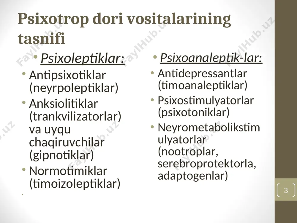 maga qarshi, uyqu chaqiruvchi effektlar, tana massasining oshishi, ab pasayishi 5-nt3-serotonin retseptorlari blokadasi vahimaga qarshi, antipsixotik, qusishga qarshi effekt, hotira pasayishi mao-a ingibirlnishi antidepressiv, psixostimullovchi effekt, vahimaning kuchayishi, uyqusizlik, bosh og‘rig‘i mao-v ingibirlanishi parkinsonizmga qarshi ta’sir, ab pasayishi, gepatotoksiklik antimaniakal vositalar (timoizoleptiklar, normotimiklar) litiy tuzlari: litiy karbonat, litiy oksibat – maniyalarni, maniakal xolatlarni davolovchi vositalar. maniya (grech. mania – aqlsizlik) – o‘ta kuchli qo‘zg‘aluvchan xolat. litiy neyronlarda to‘planib noradrenalin dezaminirlanishini oshiradi, va bosh miya adrenoretseptorlariga ta’sirini to‘xtatadi. litiy preparatlarining nojo‘ya ta’sirlari: tremor, ataksiya, ta’sirchanlik, charchoq, xolsixlik, uyquchanlik, poliuriya, chanqash, aritmiya, qo‘ngil aynash, diareya, gipotireoz. * anksiolitiklar (trankvilizatorlar) ko‘rsatma: fobiya , qo‘rquv, vaxima. anksiolitiki gamk-a-retseptorlari bilan bog‘liq benzodiazepin retseptorlarining agonistlari (stimulyatorlari) xisoblanadi. bunda xlor ionlari kanallari ochiliyu membraning giperpolyarizatsiyasi va neyronal faollikning susayishi yuzaga keladi. * anksiolitiklar tasnifi benzodiazepin retseptorlari agonistlari: uzoq ta’sir etuvchi (t1/2=24-48 ch): fenazepam, diazepam, xlordiazepoksid; o‘rtacha uzoq ta’sir etuvchi (t1/2=6-24 ch): nozepam, lorazepam, alprazolam; qisqa ta’sir etuvchi …