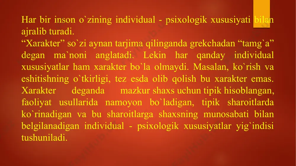 i rivojlangan, o`rtachadan yuqori, baland bo`yli, keng elkali, kuchli ko`krak qafasli, boshini tik tutib yuradigan kishilardir. 3. piknik tip - bosh, ko`krak qafasi va qorin bo`shligi yaxshi rivojlangan, semirishga moyil, tayanch - harakat a`zolari yaxshi rivojlanmagan kishilardir. kishiga mustahkamlanib, uning shaxsiy xususiyatiga aylanib qolgan iroda sifatlari xarakterning iroda bilan bog`liq bo`lgan xislatlaridir, bu sifatlar alohida ko`rinib emas, balki shaxsning fazilatiga aylanib qoladi, qat`iyat, sabr – toqat, chidamlilik, dadillik, o`zini tuta bilish, mustaqillik, intizomlilik, mas`uliyatni his qilish, o`z - o`zini tanqidiy axloqiy xislatlardir. xarakter ma`lum darajada plastikdir (egiluvchandir). xarakterning plastikligi ikki xil ma`noga ega birinchidan, xarakterning plastikligi (egiluvchanligi) xarakterning barqarorligi singari muhim faol ta`sir qilishidir. ikkinchidan, xarakter ma`lum darajada plastik bo`lganligi uchungina istalgan odamning xarakterini tarbiyalay va qayta tarbiyalay olamiz. 6-mavzu: qobiliyat reja: qobiliyat haqida tushuncha qobiliyat turlari layoqat va talant qobiliyatlar - bu insonning ma'lum bir faoliyat turida muvaffaqiyat qozonishini ta'minlaydigan tug'ma va orttirilgan fazilatlar to'plami. ta'lim va ijtimoiy turmushda …