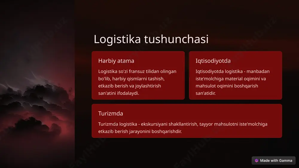 ahamiyatga ega korxona hajmi logistika tizimini aniqlash uchun muhim omil 8 logistika va turistik mahsulot turni shakllantirish logistika turistik mahsulotni shakllantirish jarayonida muhim rol o'ynaydi. tayyor mahsulotni etkazib berish logistika tayyor turistik mahsulotni iste'molchiga etkazib berish jarayonini boshqaradi. xizmatlarni ko'rsatish logistika turistlarga xizmat ko'rsatish jarayonini tashkil etadi. 9 logistika va turistik bozor turistik mahsulotni shakllantirish logistika turistik mahsulotni shakllantirish, ilgari surish va sotish jarayonlarida muhim rol o'ynaydi. turistik bozorni tahlil qilish logistika turistik bozorni o'rganish, talabni prognozlash va turistik mahsulotni maqbullashtirish uchun asosdir. turistik xizmatlarni yetkazib berish logistika turistik xizmatlarni iste'molchilarga samarali yetkazib berish uchun muhim ahamiyatga ega. 10 image1.png image2.png image3.png image4.png image5.png image6.png image7.png image8.png image9.png image10.png image11.png image12.png image13.png image14.png image15.png image16.png