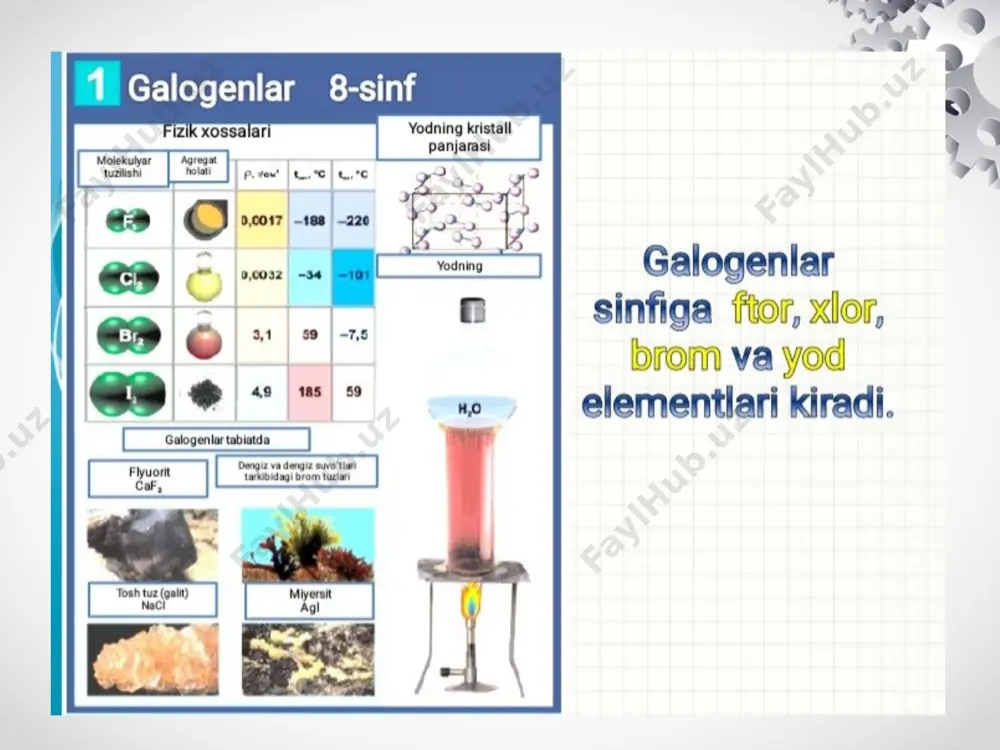 xlor kcl yoki nacl suvdagi eritmasi elektroliz qilib olinadi. lab. xlor: oks-chilar mno2, kmno4, pbo2, k2cr2o7, kclo3 dan mno2+4hcl=mncl2+cl2+2h2o qattiq nacl +kons.h2so4 va mno2 : 2nacl+2h2so4+mno2=mnso4+cl2+na2so4+2h2o xlorning olinishi sarg’ish yashil gaz, q. h. -34os, qotish h. -101os. xlor suvda, ccl4, sicl4 va ticl4 da eriydi. h suvda 2,5 h xlor eriydi. 0,6 mpa bosimda cl2 oson suyuqlikka aylanadi. kimyoviy xossalari. f2 nisbatan aktivligi kam. cl2 o2, n2 va inert gazlar bilan ta’sirlashmaydi. xlor metallar b-n portlash : 2na+cl2=2nacl ca+cl2=cacl2 2al+3cl2=2alcl3 yorug’lik nuri ta’sirida :h2+cl2=2hcl metallmaslar : 2 p+5cl2= 2pcl5 2p+3cl2=2pcl3 si+2cl2 = sicl4 2sb+3cl2=2sbcl3 xlorning xossalari xlorning suv bilan: cl2+h2o=hcl+hclo uglerod bilan (ccl4, chcl3, ch2cl2, ch3cl) . xlor o-chi: 2k2mno4+cl2= 2kmno4+2kcl fecl2+cl2=2fecl3 gazlamalarni oqartirishda, ichimlik suvini dezinfeksiya qilishda . xlorid kislota va uning tuzlari. o’tkir hidli rangsiz gaz (s. h. -114,2 os) 1 l suvda 450 l hcl eriydi. hcl suvdagi eitmasi xlorid kislota. kuchli kislota. hcl u oshqozon shirasining …