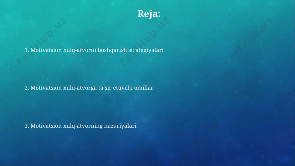 siyaga bog'liq bo'ladi. ichki va tashqi motivatsiya tashqi motivatsiya, pul mukofotlari yoki jazo kabi omillarga asoslangan holda, 20-30% gacha samaradorlikni ta'minlaydi, ammo uzoq muddatli motivatsiyaga kamroq ta'sir qiladi, masalan, o'zbekiston maktablarida qo'llaniladigan baho tizimi. ichki motivatsiya, masalan, o'z-o'zini rivojlantirishga bo'lgan ehtiyoj, 70% gacha muvaffaqiyatga erishishga olib kelishi mumkin, aqsh tadqiqotlariga ko'ra, tashqi motivatsiyaga qaraganda samaradorroqdir. motivatsiyani oshirish usullari yaponiyaning toyota kompaniyasining tajribasi shuni ko'rsatadiki, xodimlarga 5 ta asosiy ehtiyojni (moddiy, ijtimoiy, ruhiy, o'sish va o'zini anglash) qondirish orqali motivatsiyani 35% ga ko'tarish mumkin. samarqanddagi bir qator korxonalarda qo'llanilgan "smart" maqsadlar uslubi (specific, measurable, achievable, relevant, time-bound) bilan ishlash orqali xodimlarning ishlash samaradorligi va motivatsiyasi 15-20 ballga oshganligi kuzatilgan. maqsad qo'yish va motivatsiya maqsad qo'yish jarayonida 5 dan ortiq kichik maqsadlarni aniq belgilab, ularga erishish uchun aniq reja tuzish, masalan, toshkentdagi biznesni rivojlantirish uchun bosqichma-bosqich strategiyani ishlab chiqish motivatsiyani oshiradi. samarqandda o'tkazilgan eksperimentda aniq maqsad qo'ygan guruh 15% tezroq natijaga erishgan, …
