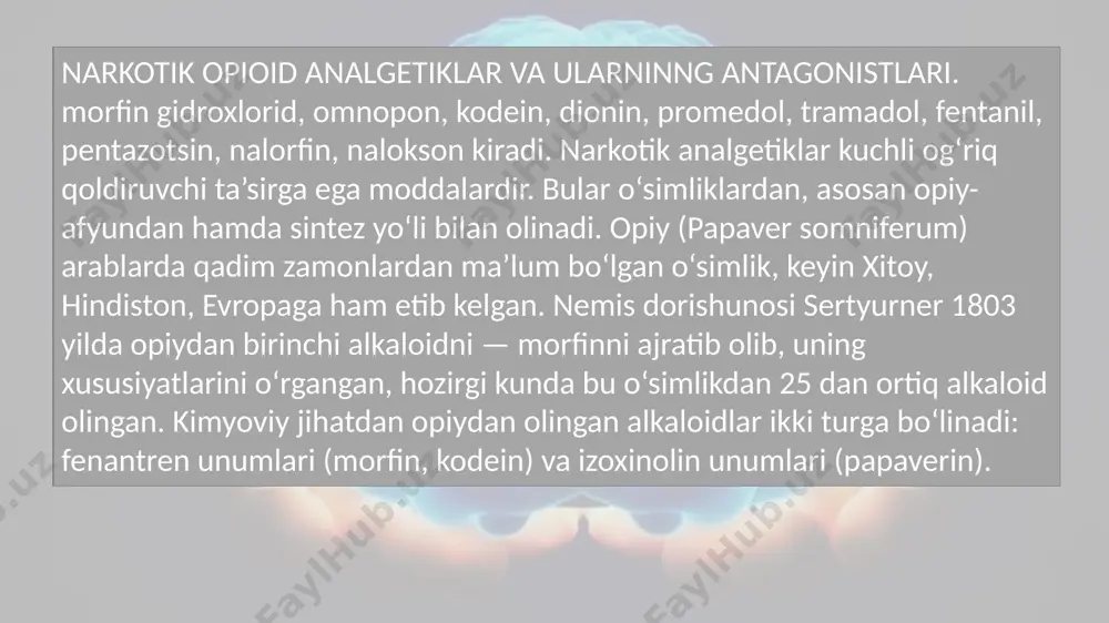 amaytiradi va taxminlarga ko‘ra bevosita r-modda (og‘riq mediatori) retseptorlarini bog‘lab, og‘riq impulslari o‘tkazuvchanligini pasaytiradi. morfin antinotsitseptiv sistema faolligini oshiradi, endogen opiat peptidlarning o‘rnini olib, opiat retseptorlari bilan o‘zi bog‘lanib og‘riq qoldiradi. narkotik analgetiklar opiat retseptorlarga bog‘lanishi bilan bir-biridan farq qiladi, morfin, promedol, fentanil opiat retseptorlarni «toza», «to‘liq ravishda» agonistlari hisoblanadi. ular retseptorlarni bog‘lab, endogen ligandalarga (endorfinlar, enkefalinlar) xos ta’sir ko‘rsatadi. nalokson opiat retseptorlarning «toza» antagonisti hisoblanadi, retseptorlarni bog‘lab endogen ligandalar ta’sirini falajlaydi. uchinchi guruhni agonist-antagonistlar (nalorfin, pentazotsin, tramadol) tashkil etadi, ular opiat retseptorlarning har xil subpopulyasiyalari bilan bog‘lanib, ba’zi bir ta’sirlarra ko‘ra agonist, ba’zi birlariga antagonist hisoblanadi. ba’zi bir ma’lumotlarga ko‘ra, narkotik analgetiklar endogen peptidlarni — endorfin, enkefalinlarni parchalaydigan fermentlar — enkefalinazalar faolligini pasaytiradi. miya po‘stlog‘i, gipotalamus, gippokamp neyronlarini va shu erda joylashgan opiat retseptorlarini bog‘lab, morfin markaziy nerv sistemasiga tinchlantiruvchi ta’sir ko‘rsatadi, miya po‘stlog‘ida aktivatsiya holati, limbik usulini, gipotalamusning afferent impulslarga bo‘lgan jarayonini kamaytiradi. morfin bo‘sag‘adan past bo‘lgan og‘riq …