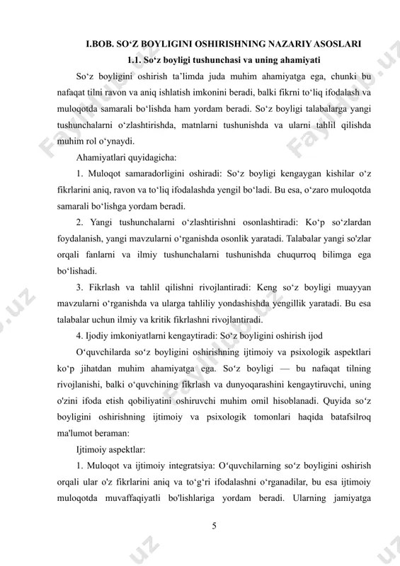 ni anglashiga yordam beradi. 2. fikrlash va kognitiv rivojlanish: soʻz boyligini oshirish o'quvchilarning mantiqiy fikrlash, tahlil qilish va abstrakt fikrlash qobiliyatlarini rivojlantiradi. ko‘proq so‘z va iboralarni bilish, murakkab fikrlarni tashkil etish va ularni mantiqiy tartibda bayon qilishga yordam beradi. bu psixologik jihatdan o‘z fikrlarini yanada aniq va tushunarli tarzda ifodalash imkonini beradi. 3. til va emotsional intellekt: tilni kengaytirish, o‘quvchilarga o‘z hissiyotlarini va boshqalarning hissiyotlarini yaxshiroq tushunish va ifodalash imkonini beradi. bu, o‘z navbatida, emotsional intellektni oshiradi, ya’ni o‘quvchilar o‘zaro munosabatlarda va emotsional holatlarni boshqarishda ko‘proq muvaffaqiyat qozonadilar. 4. ijtimoiy tashvish va stressni kamaytirish: o‘quvchilar so‘z boyligini oshirish orqali o‘zlarini jamiyatda yaxshiroq ifoda etish imkoniga ega bo‘lishadi. bu esa ijtimoiy tashvish, stress va beqarorlikni kamaytiradi. o‘z fikrlarini aniq va oson ifodalay olish, o‘quvchining ruhiy holatini yaxshilaydi va o'ziga bo‘lgan ishonchini oshiradi. 5. yaratish va ijodkorlik: yangi so‘zlar va iboralarni o‘rganish, o‘quvchilarga yaratish va ijodkorlik uchun keng imkoniyatlar yaratadi. bu, o‘z …