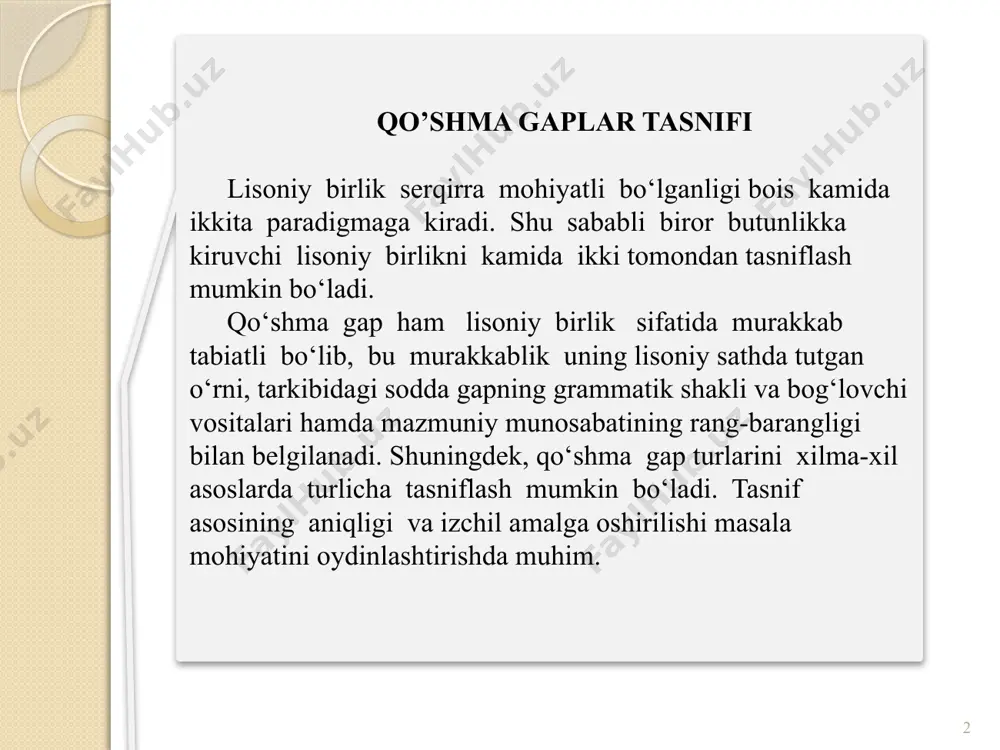 ona ochildi. bahor keldi, yoz ham kelib qoladi. 9 10 i. gapning lisoniy sintaktik qolipiga ko‘ra 1. wpm, wpm 2. wpm → wpm . 3. wpm ↔ wpm. 11 ii.gap tarkibidagi bog‘lovchi vositalarga ko‘ra 5. tobe bog‘lovchilar bilan bog‘langan qg. 1. ohang bilan bog‘langan qg. 2. teng bog‘lovchi bilan bog‘langan qg. 3. yuklama bilan bog‘langan qg. 4. nisbiy so‘zlar bilan bog`langan qg. образец текста второй уровень третий уровень четвертый уровень пятый уровень iii. qo‘shma gap qismlari orasidagi ma’noviy munosabatning ifodalanishiga ko‘ra birin-ketinlik vaziyat sabab izohlash yoki qiyoslash o‘rin yoki payt ichki fikr iv. qo‘shma gap qismlari orasidagi funksional munosabatlariga ko‘ra a) tenglik b) tobelik mo ‘tadil birin-ketinlik; uzilmas birin-ketinlik zidlov ayruv ega-kesim; aniqlovchi- aniqlanmish to‘ldiruvchi- to‘ldirilmish hol-hollanmish 13 v. qo‘shma gapning ifoda maqsadiga ko‘ra so‘roq buyruq darak 16/04/2021 14 qo‘shma gap tarkibiy qismlarining reallik va irrealligiga ko‘ra irreal gap ritorik gap (irrealga yaqin turadi) real gap 16/04/2021 15 real –sodir …