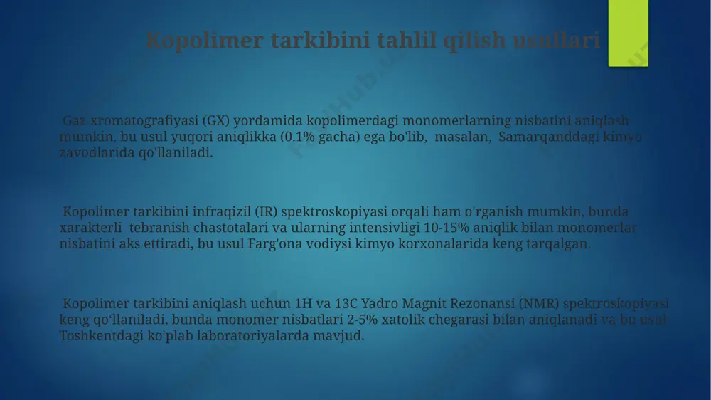 qo'llaniladi. kenetik usullar kenetik usullar yordamida monomerlarning nisbiy reaktivligini aniqlash uchun 1940-yillarda mayo-luis tenglamasidan foydalaniladi va bu usul 20 dan ortiq mamlakatda qo'llaniladi. kenetik usullar tarkibida differensial va integral usullar mavjud bo'lib, ular yordamida ko'p bosqichli reaktsiyalarni o'rganishda, xususan, 3-4 turdagi monomerlar ishtirokida, aniq natijalarga erishiladi. monomerlarning konsentratsiyasi o'zgarishiga asoslangan kenetik usullar, masalan, differentsial usul, reaktsiya tezligini va monomerlarning 1:2 nisbatini o'lchash orqali kopolymerizatsiya konstantalarini aniqlaydi. e'tiboringiz uchun rahmat @taqdimot_robot image2.png image3.png image4.png image5.png